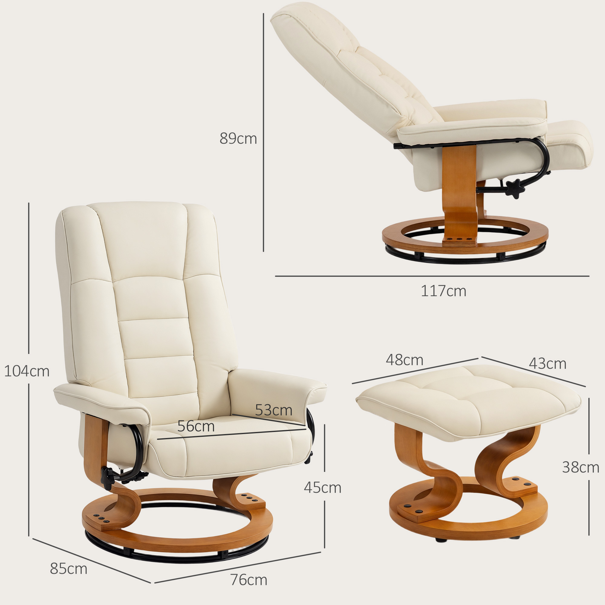 Relaxsessel mit Hocker, drehbar & neigbar, Kunstlederbezug, bis 150 kg, Holzgestell, Cremeweiß