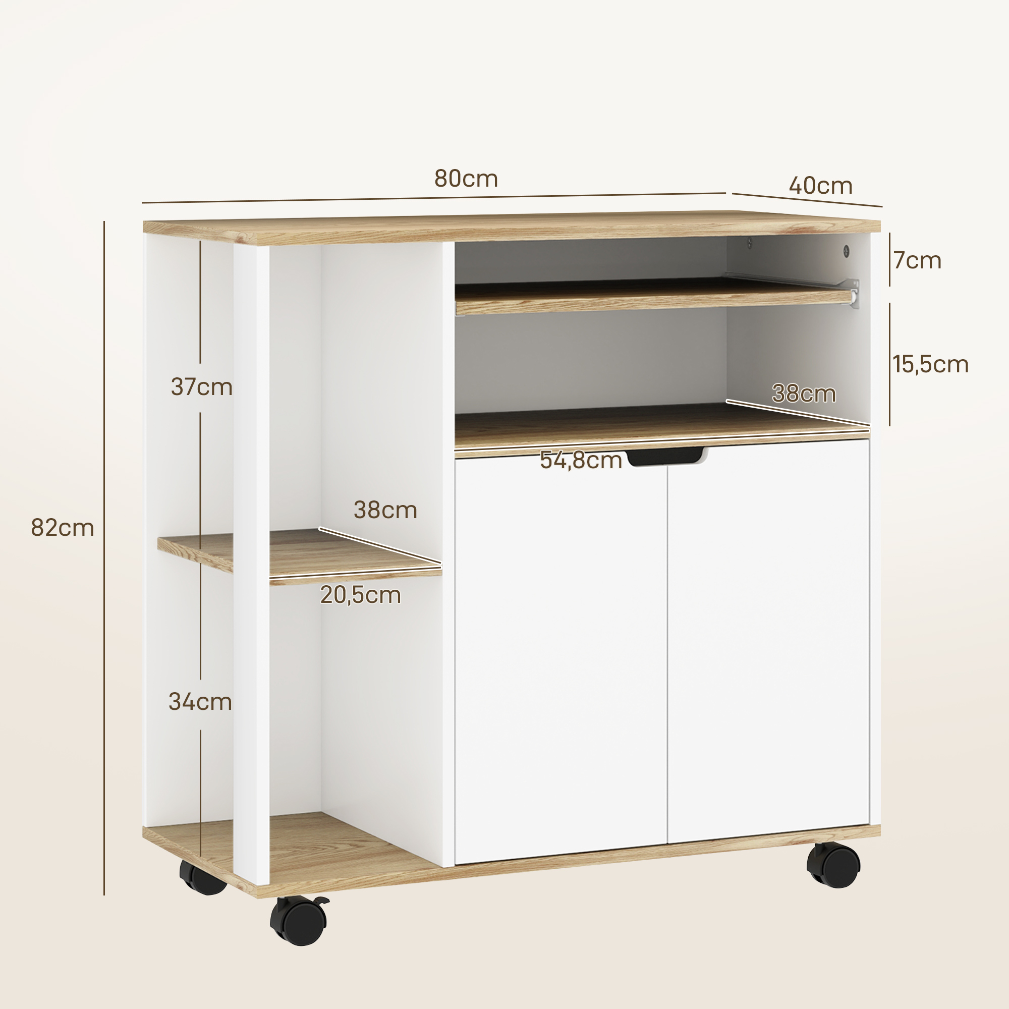 Rollender Küchenwagen mit Stauraum, Schrank, verstellbare Regale, für Küche, Wohnzimmer, Esszimmer, Weiß