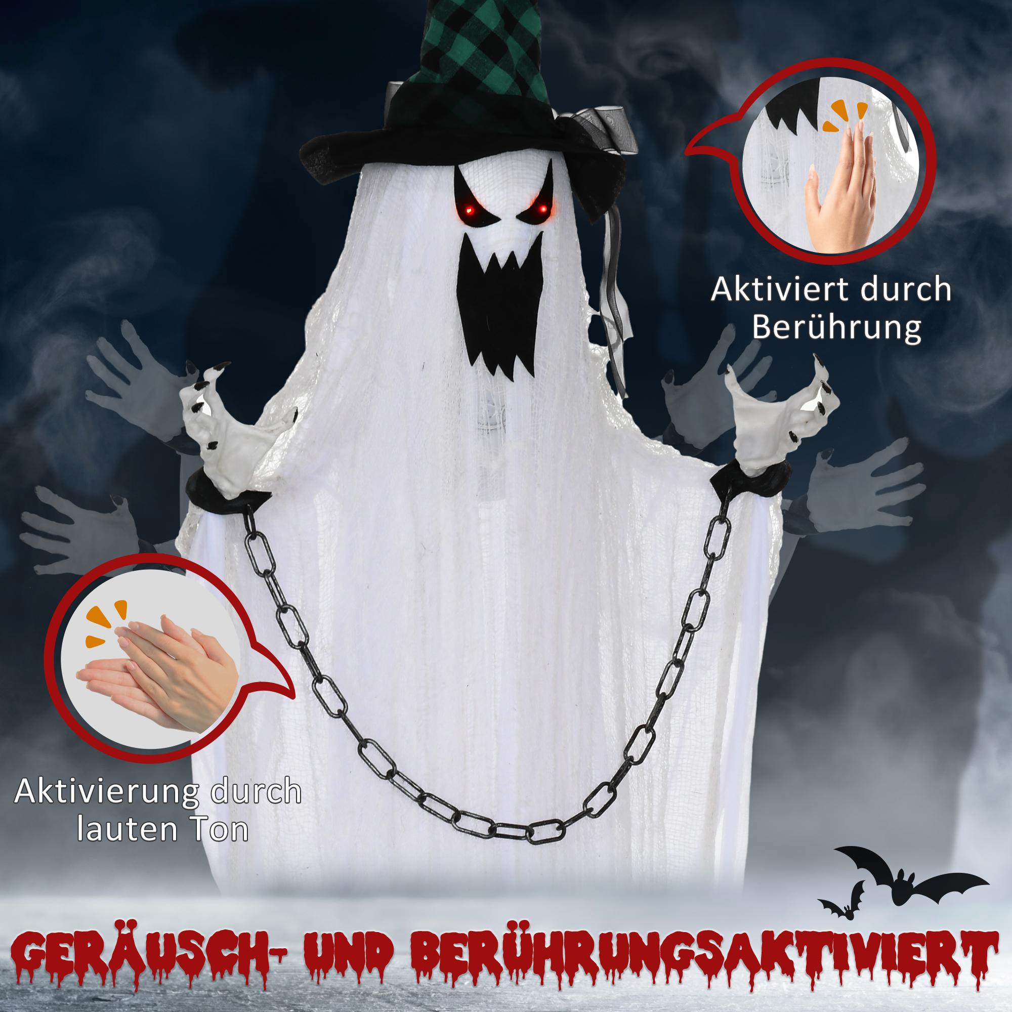 Geister-Dekoration für Halloween, Grusel-Heulen und Bewegung, batteriebetrieben