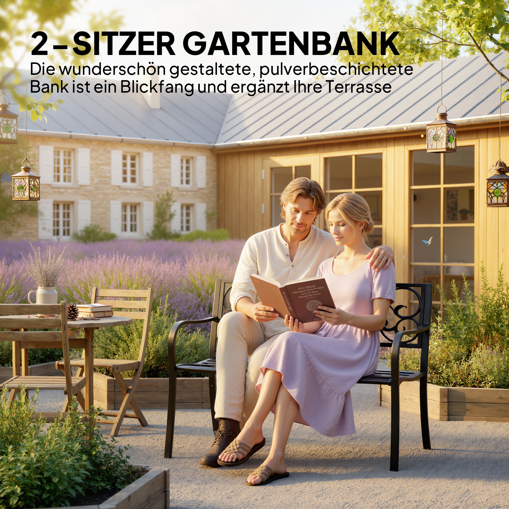 2-Sitzer Gartenbank Parkbank mit ausziehbarem Tisch Sitzbank Bank 240kg belastbar Terrassenbank mit Rücken- & Armlehnen Gartenmöbel für Terrasse, Garten Außenbereich 150x58,5x90 cm Schwarz