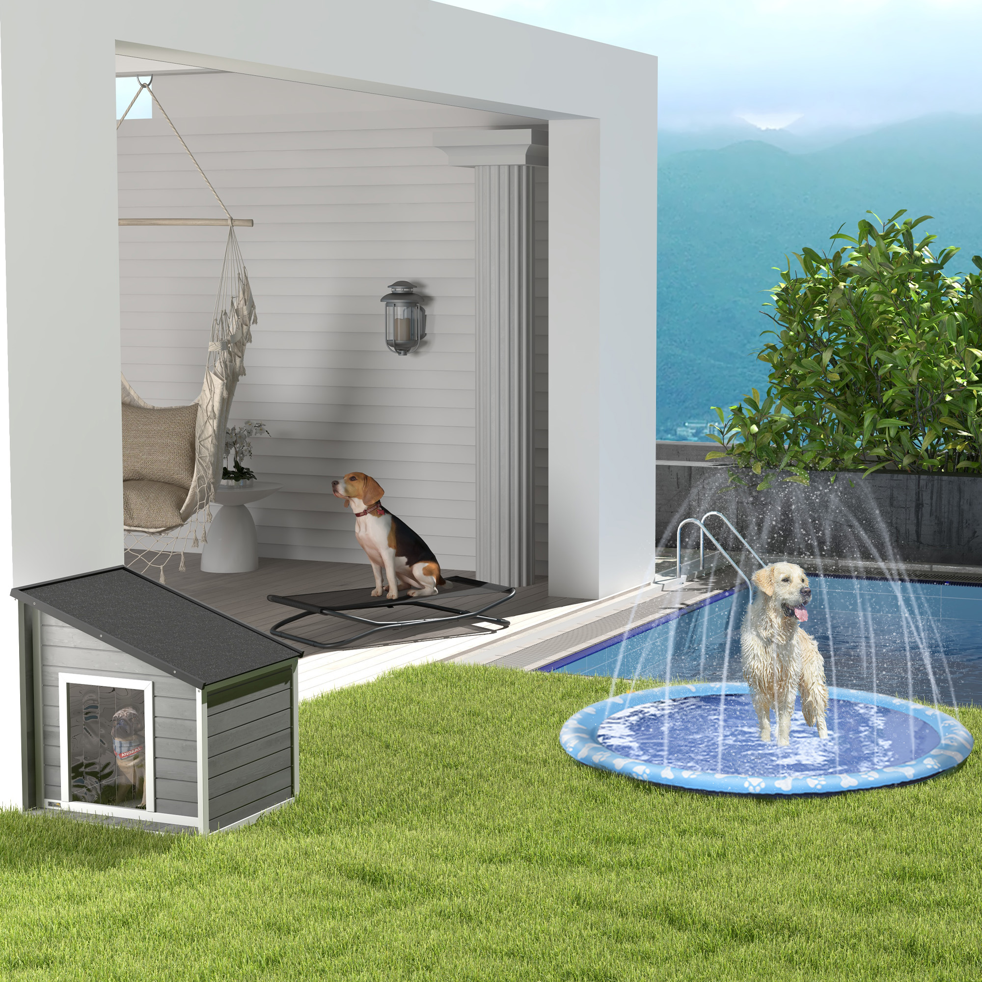 Hundehütte aus Massivholz, wetterbeständig, Asphaltdach, 71 cm x 58 cm x 77 cm, Grau + Weiß