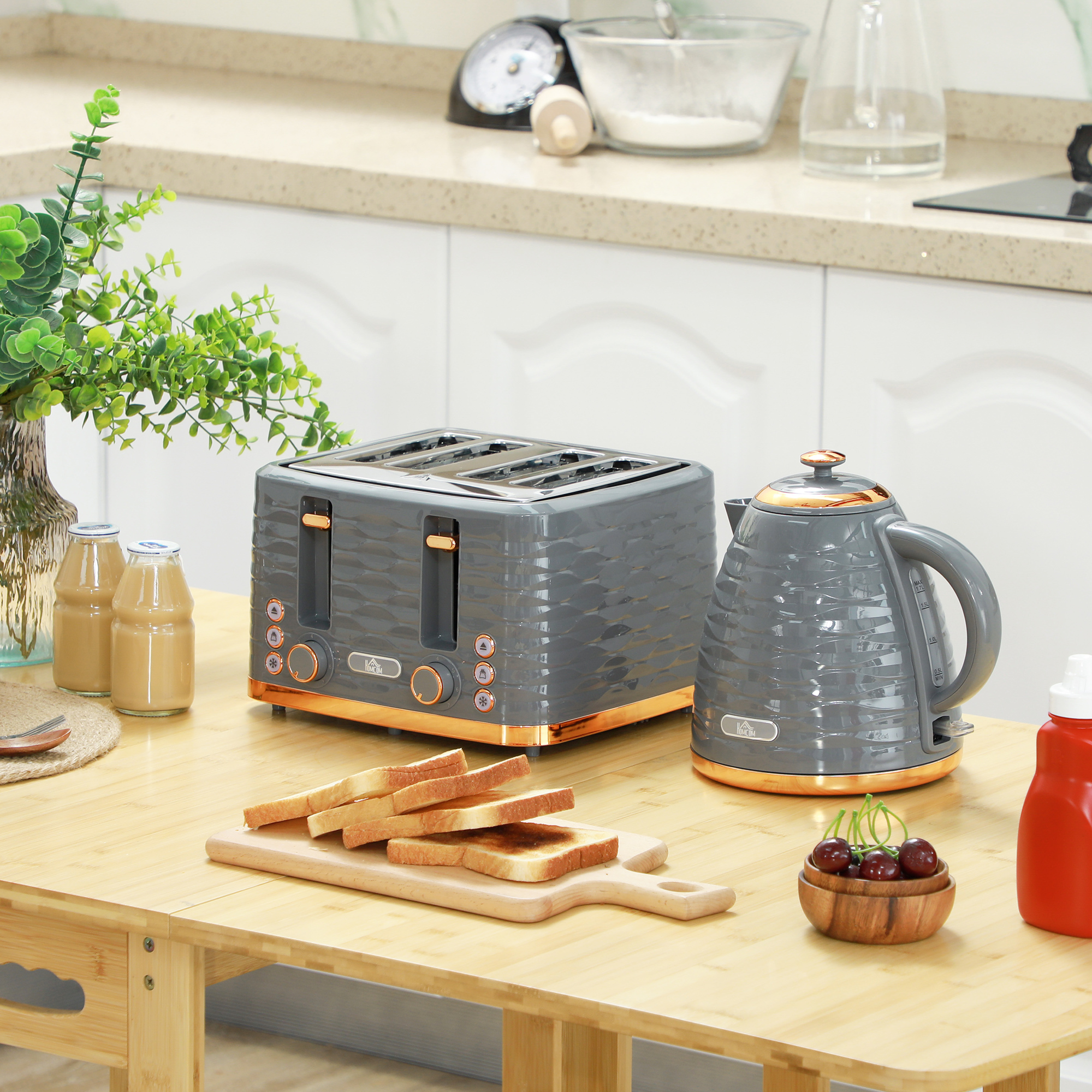 2-in-1 Toaster und Wasserkocher Set, 7 Bräunungsstufen, Auftau- und Aufwärmfunktion, Grau
