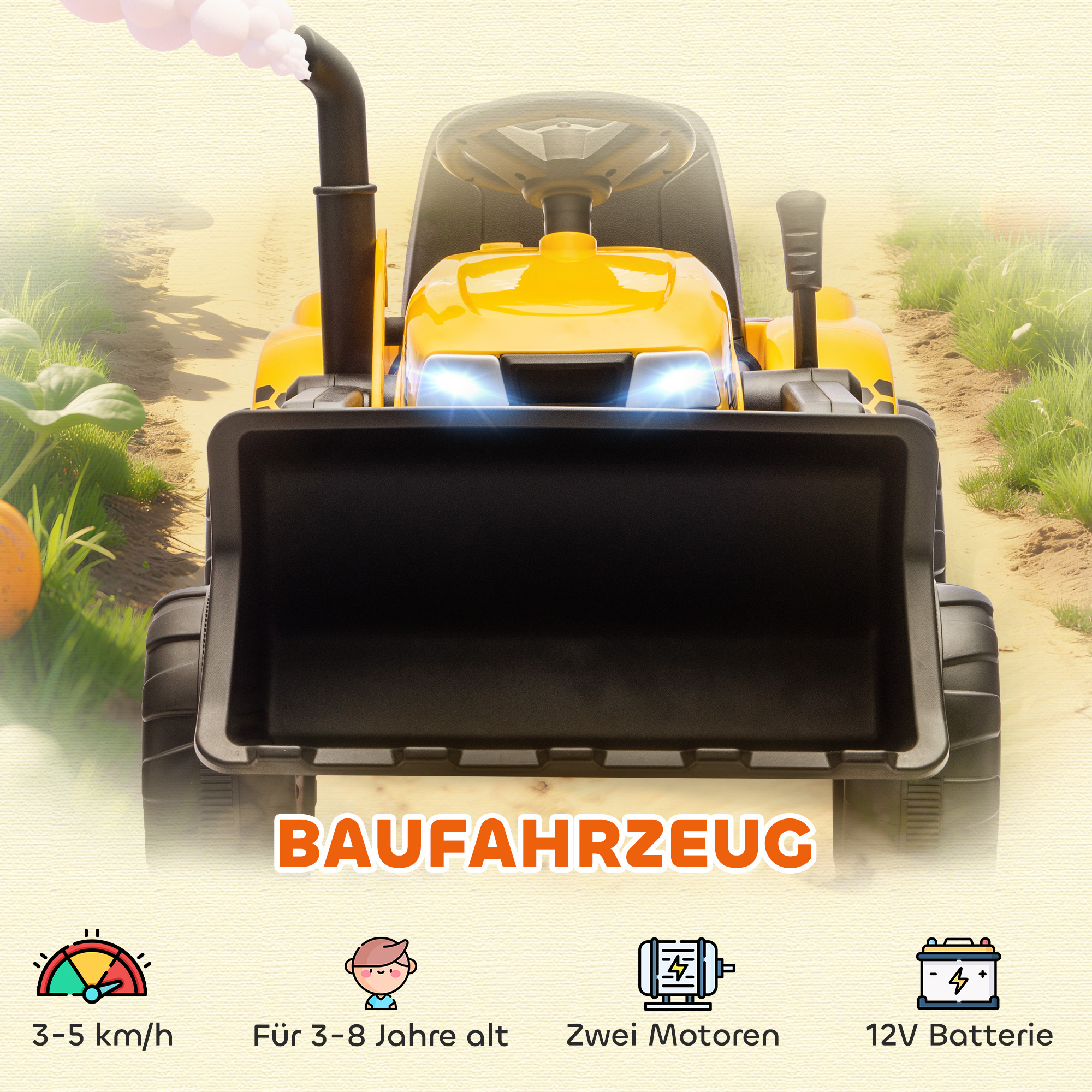 Elektrisches Aufsitz-Baufahrzeug, Spielzeugbagger mit Anhänger, 3-8 Jahre, Kunststoff, Stahl, Gelb