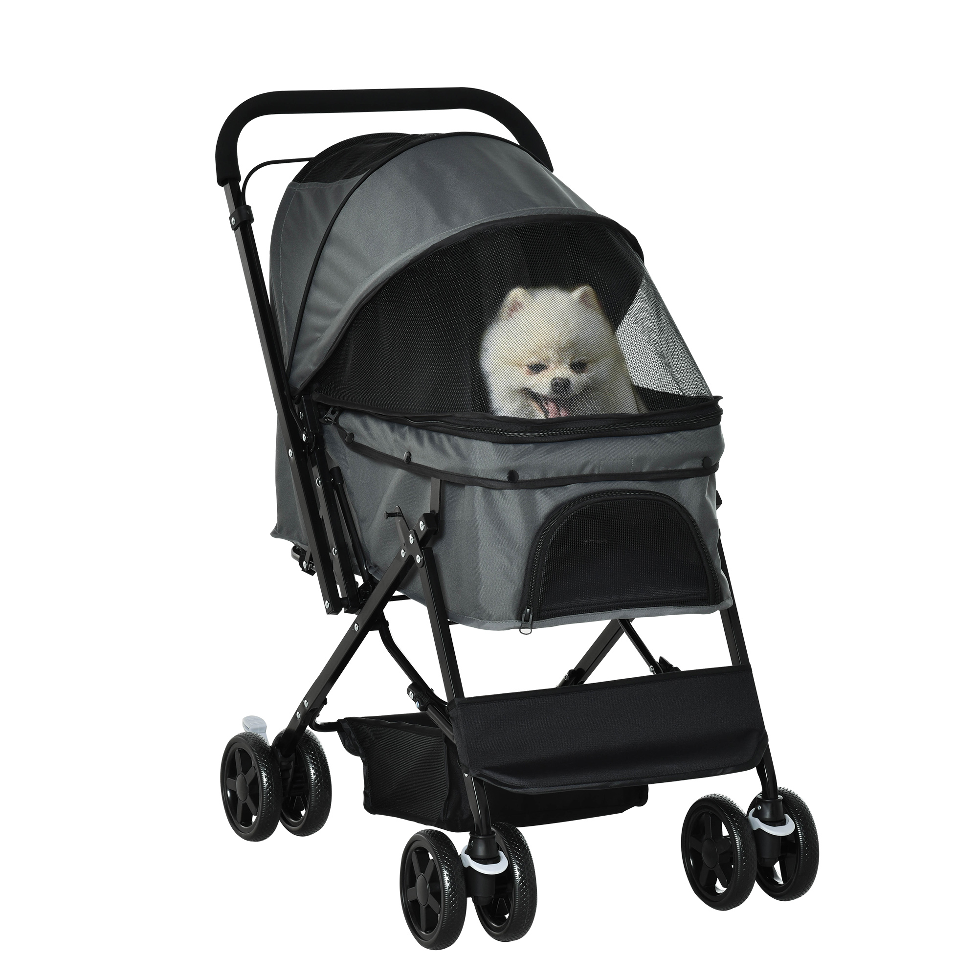 Hundebuggy Hundewagen bis 10 kg Klappbar Netzfenster Ablagekorb verstellbares Vordach Dunkelgrau 76,5 x 52 x 95 cm