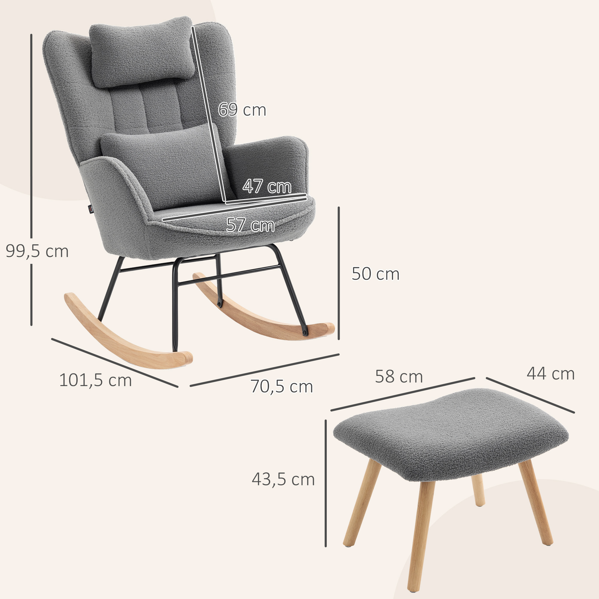 Schaukelstuhl mit Fußhocker, weicher Fleece-Bezug, Holzbeine, Kissen, hohe Rückenlehne, Schaukelsessel, Dunkelgrau