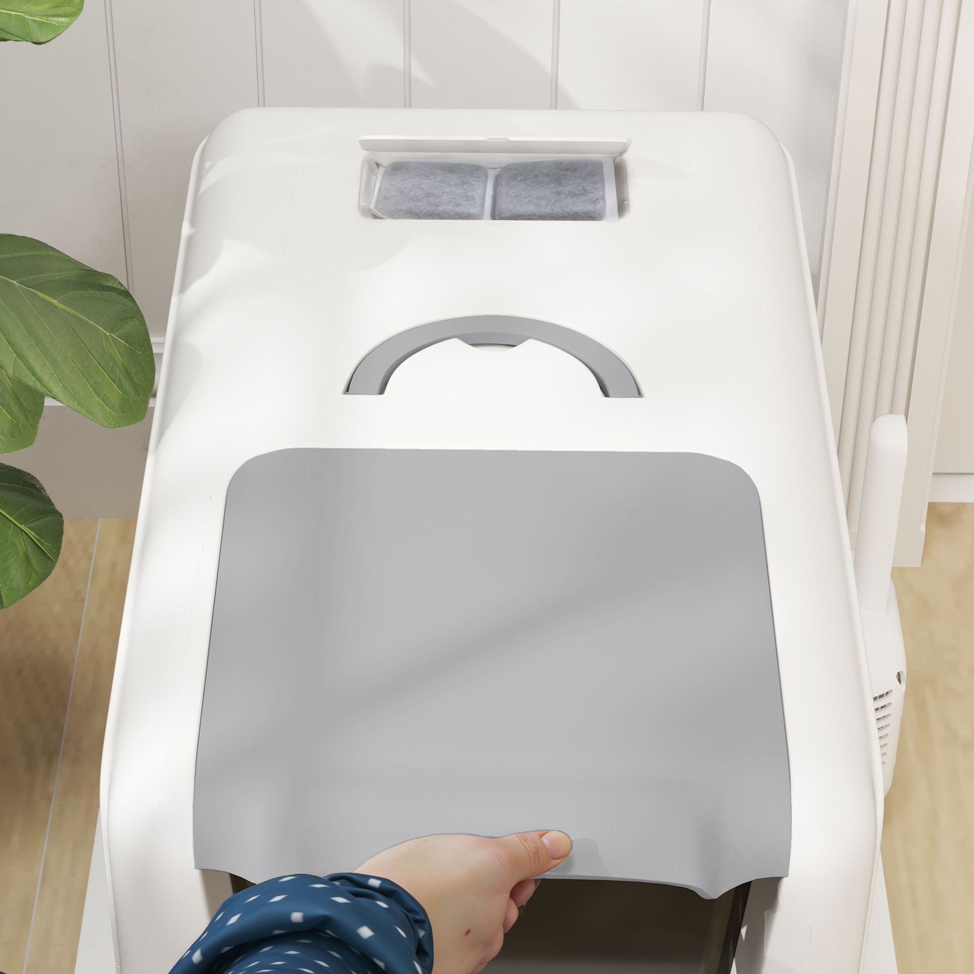 Katzentoilette, Wanne aus Edelstahl, Filter, Schaufel, für Katzen bis 6 kg, 40,5 x 60,5 x 41,5 cm, Weiß/Silber