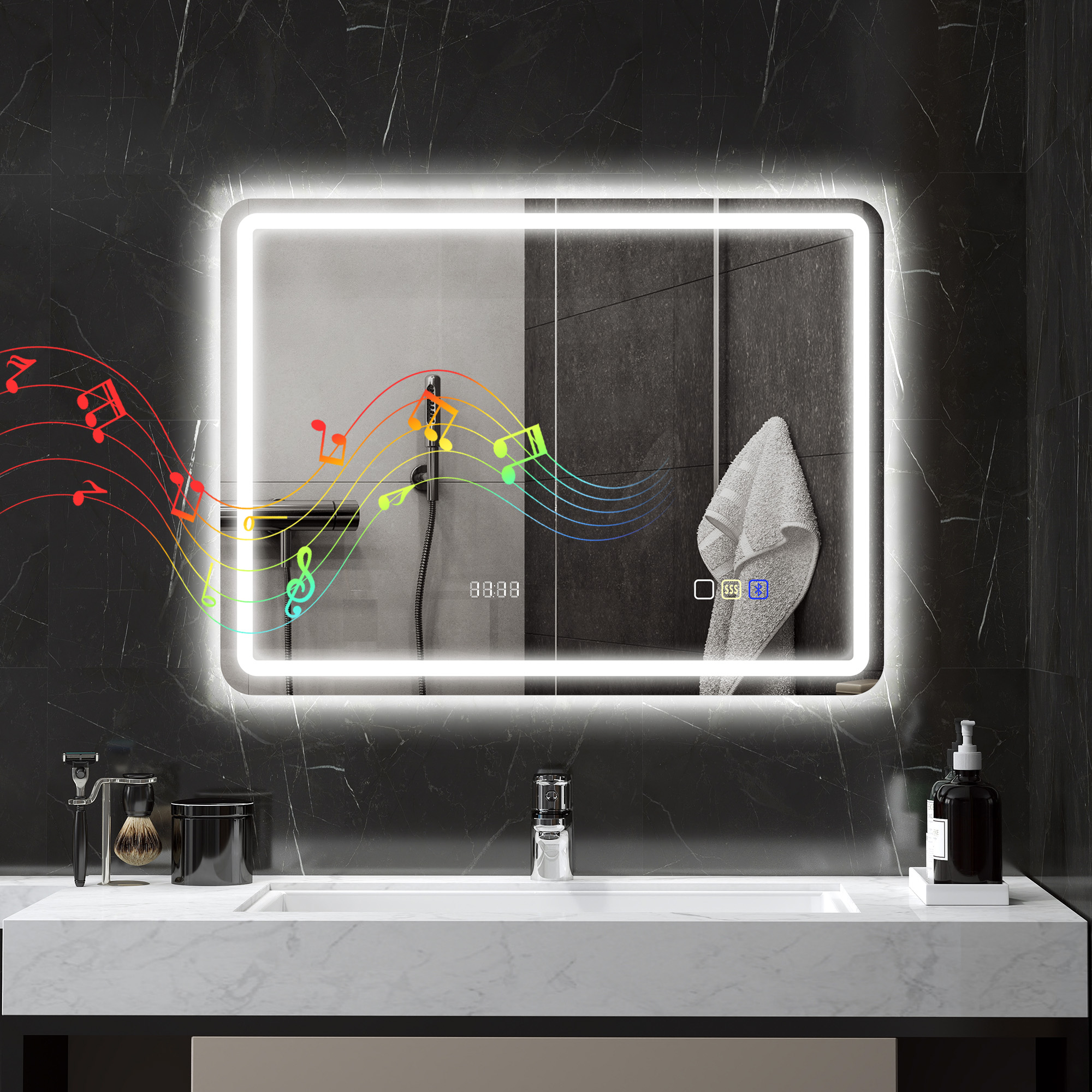 Badezimmerspiegel mit LED-Beleuchtung, Anti-Beschlags-Pad, 3 verstellbare Farben, Uhr, 600 x 800 mm, Silberfarben