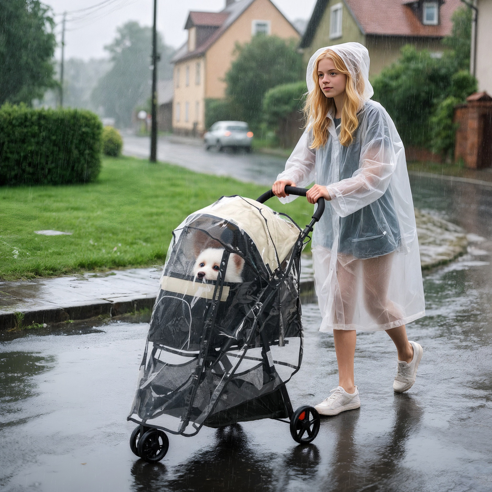 Haustierbuggy Hundebuggy, klappbar, mit Regenschutz, 2 Getränkehalter, Blau +  Khaki