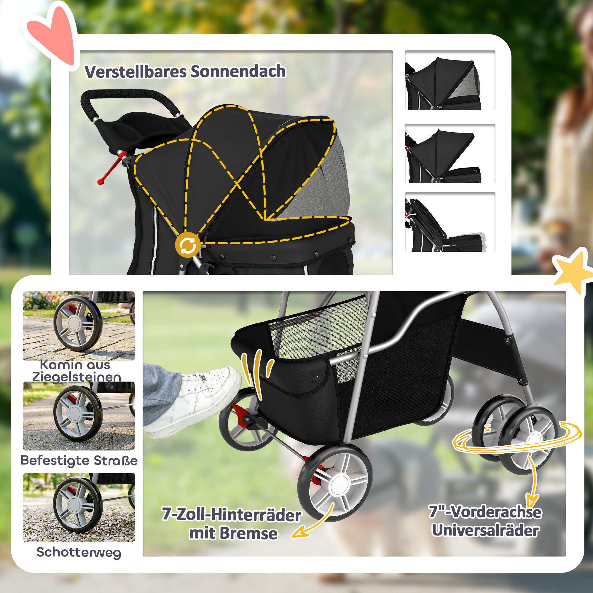 Hundewagen Faltbar Hundebuggy mit Reflektorstreif Aufbewahrungskorb Kissen für kleine Hunde bis 10 kg 77x44x102 cm Schwarz