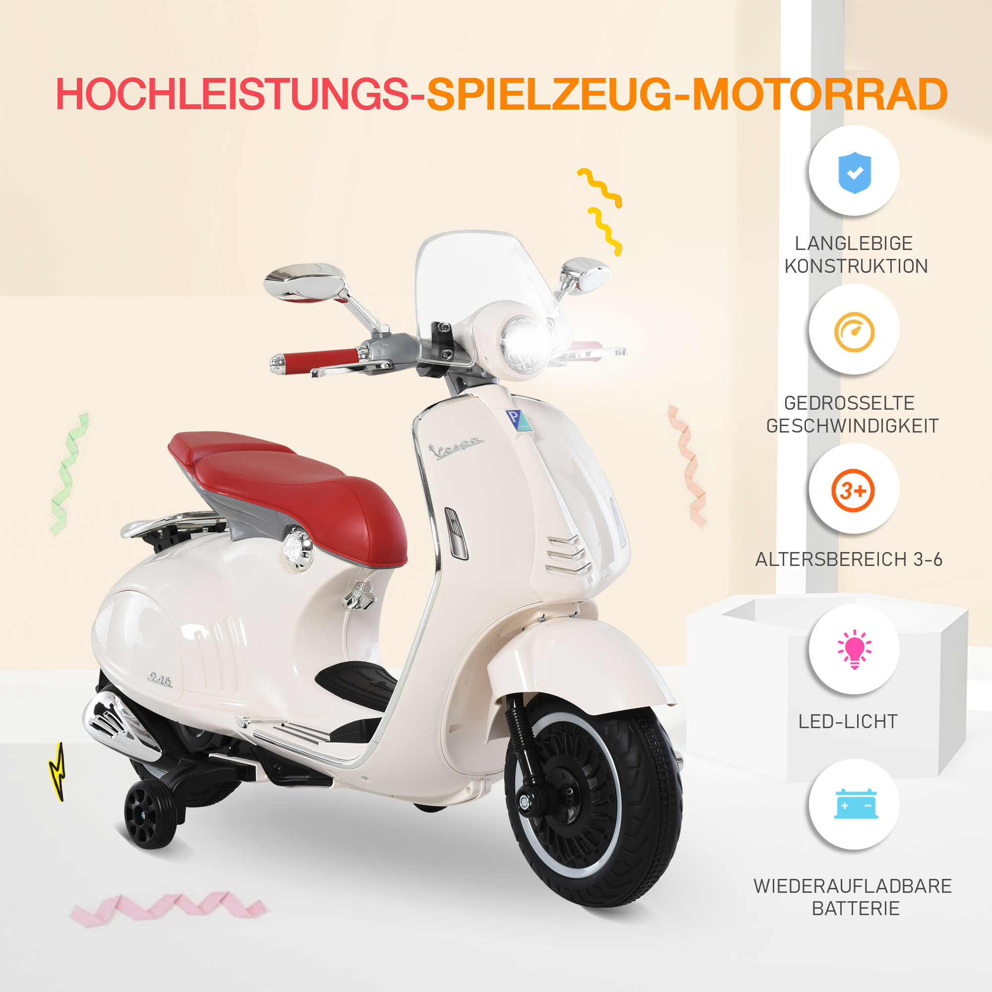 Kinder Elektro-Motorrad, 6V Kindermotorrad mit Scheinwerfer, Musik, Vor- und Rückwärtsgang, Trainingsräder, 30 kg belastbar, Elektromotorrad für 3-6 Jahre Kinder, Weiß