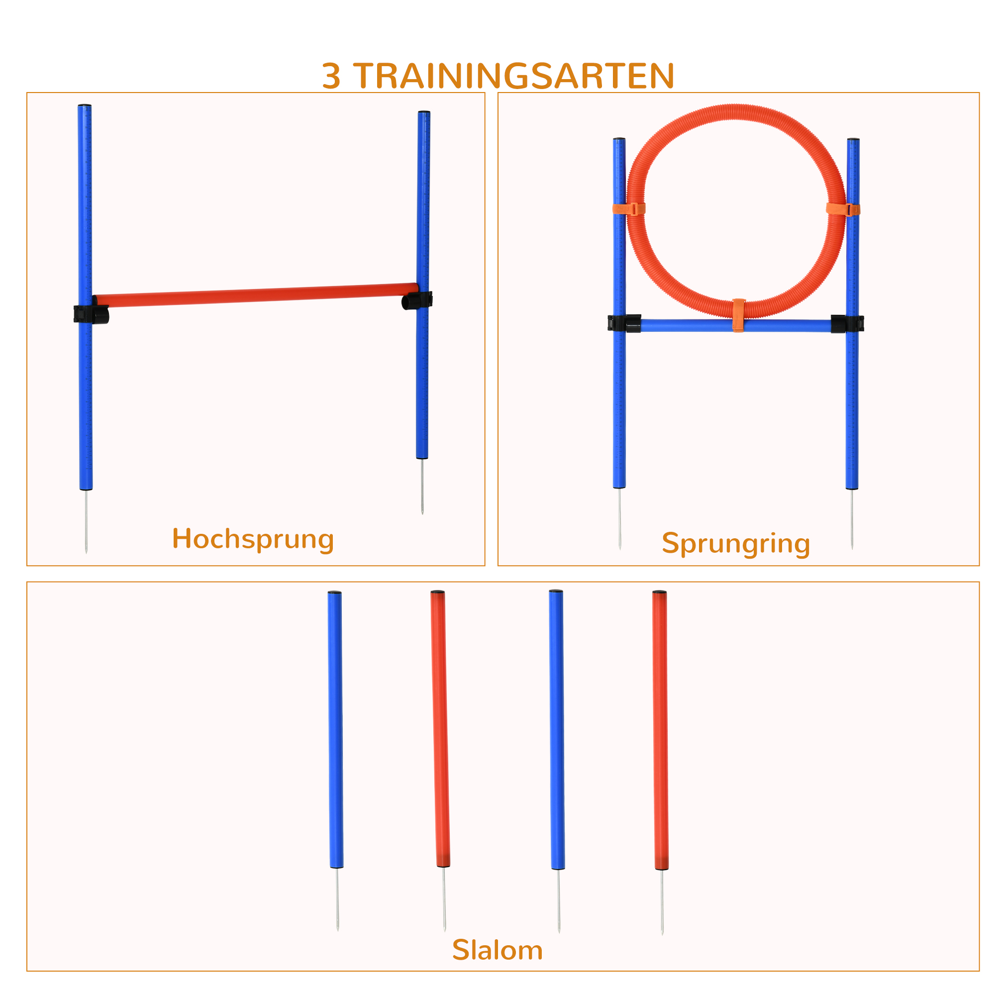 Agility Set Hunde, 3-teiliges Agility Ausrüstung mit Hürden, Slalomstangen, Springring, Aufbewahrungstasche, Steckhürdenset für Hundetraining, Trainingsset für Hunde Blau+Rot