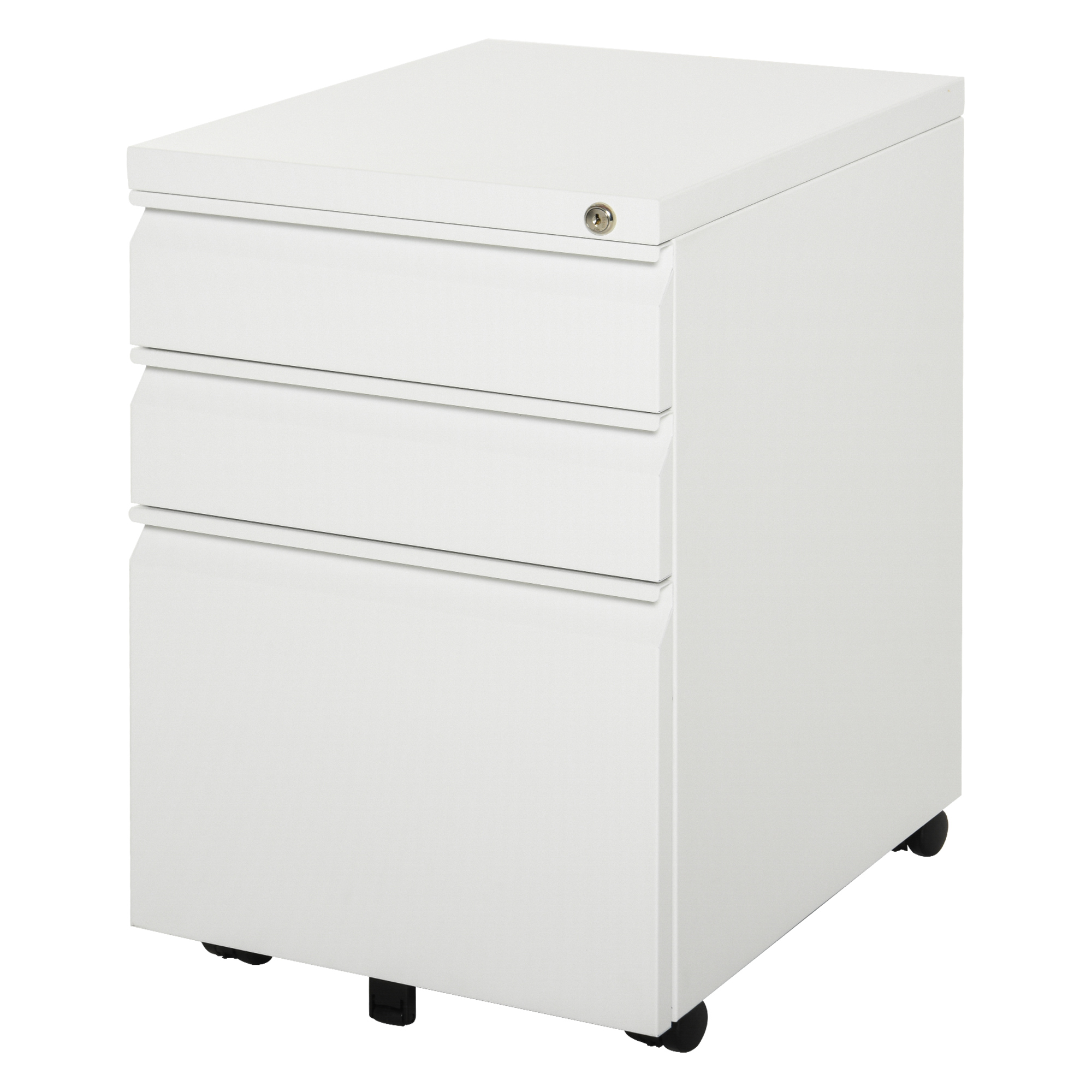 Rollcontainer mit 3 Schubladen mobiler Aktenschrank mit Rollen abschließbar Büroschrank mit konkavem Griff, Schubladenschrank für Büro, Homeoffice, 39 x 48 x 60 cm, Weiß