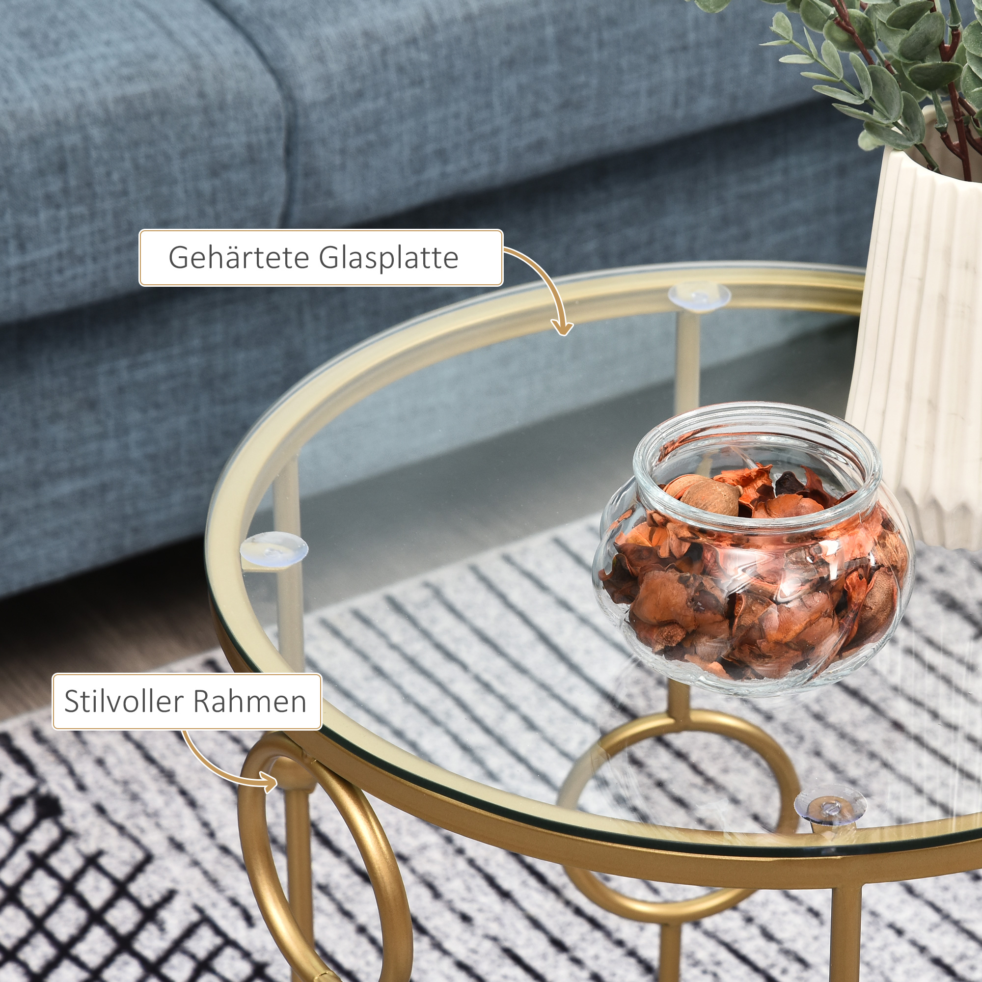 2er-Set Couchtisch, Beistelltisch mit Glasplatte, Wohnzimmertisch mit Reifen- und Kugeldesign Ø41 x 57 cm, Gold