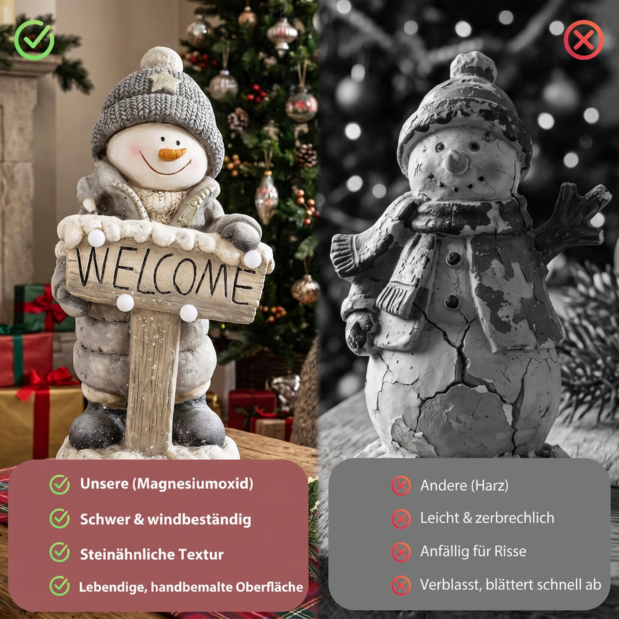 Weihnachtsdeko Schneemann-Figur, beleuchtete Weihnachtsstatue aus MGO mit Welcome-Schild, LEDs und Tages-Timer