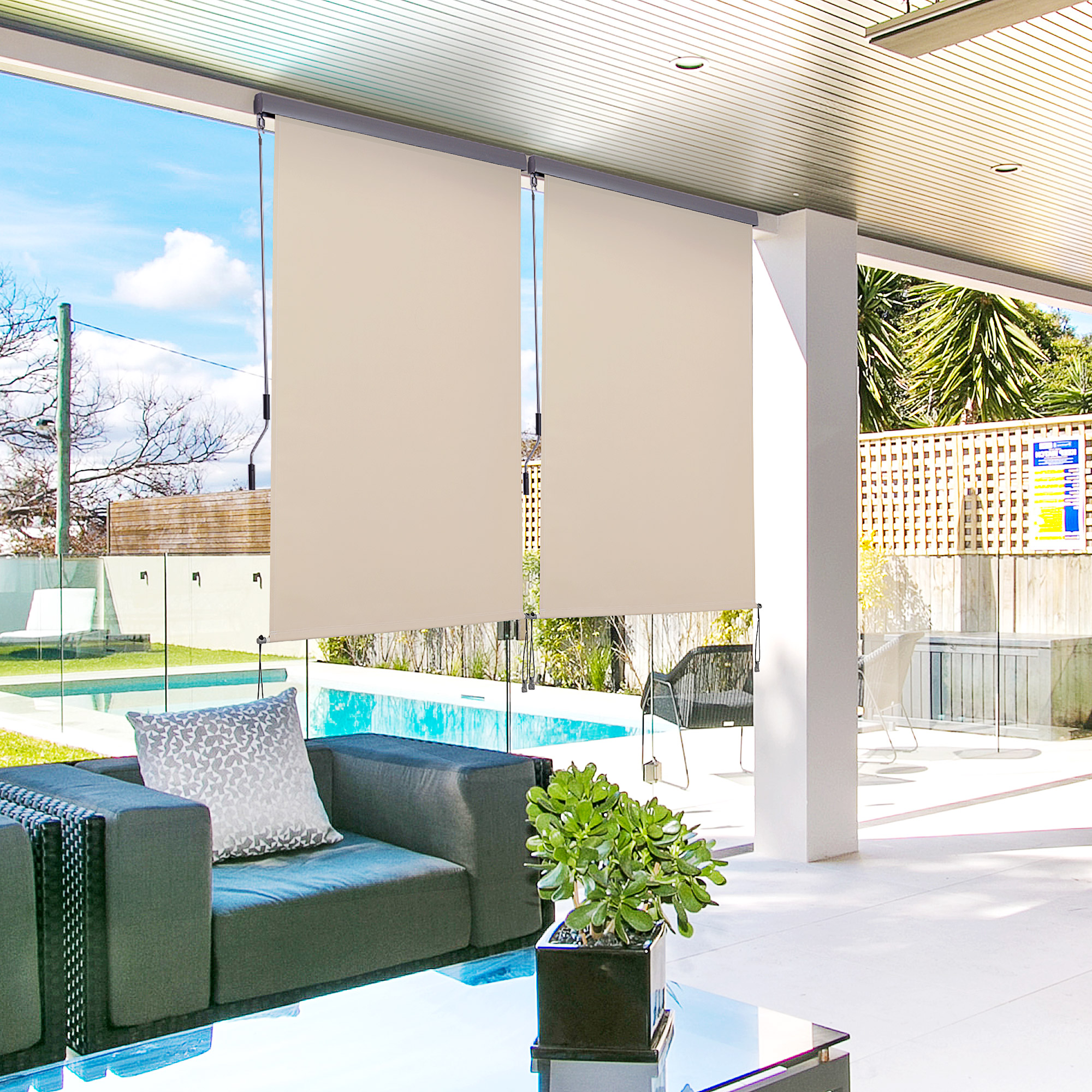 Senkrechtmarkise Balkonmarkise Vertikalmarkise Windschutz Seitenrollo Sichtschutz mit Handkurbel Polyesterstoff+Aluminium Cremeweiß 200 x 120 cm
