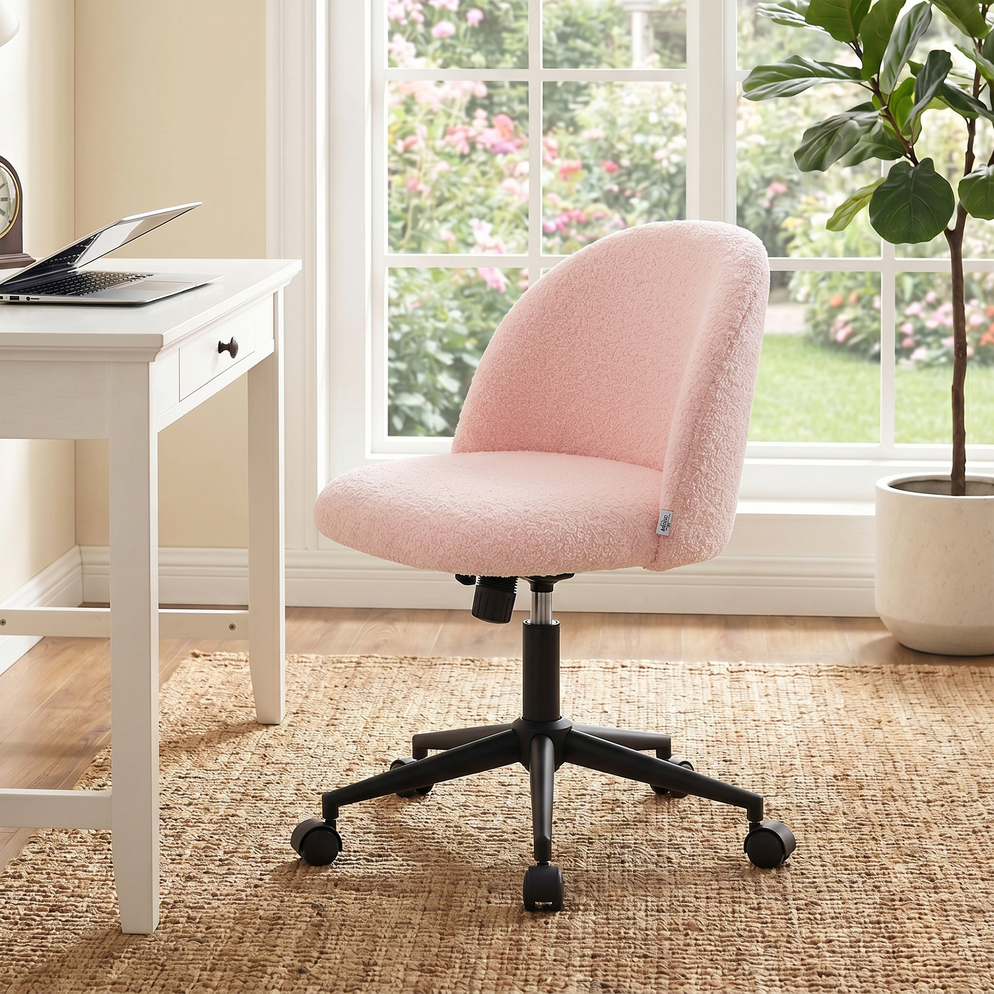 Drehbarer Bürostuhl aus Teddyfleece, höhenverstellbar, mit Rollen, Komfortschaum, Rosa