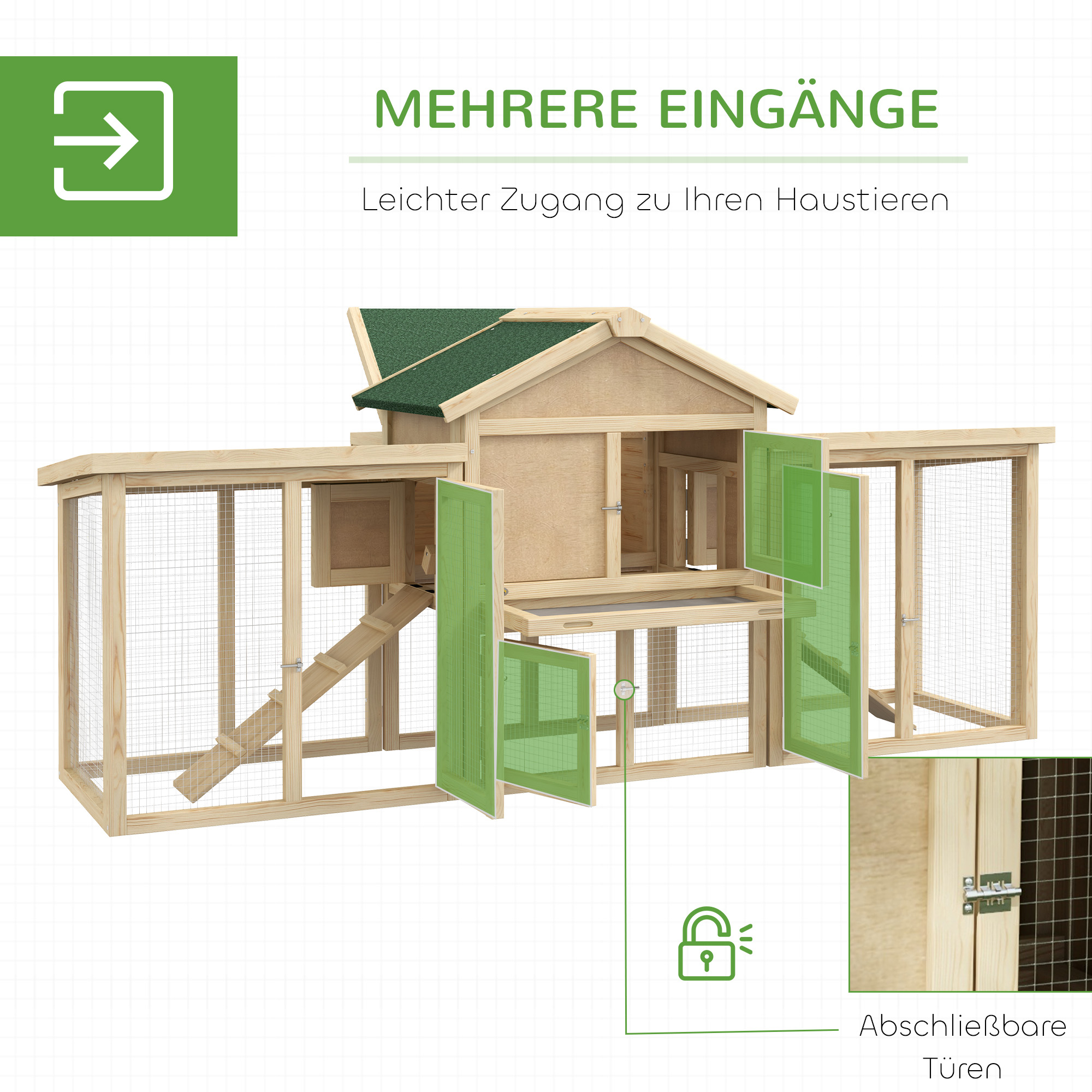 Hühnerstall mit Freigehege, inkl, Nistkasten, Rampe und Bodenwanne Tannenholz Naturholz