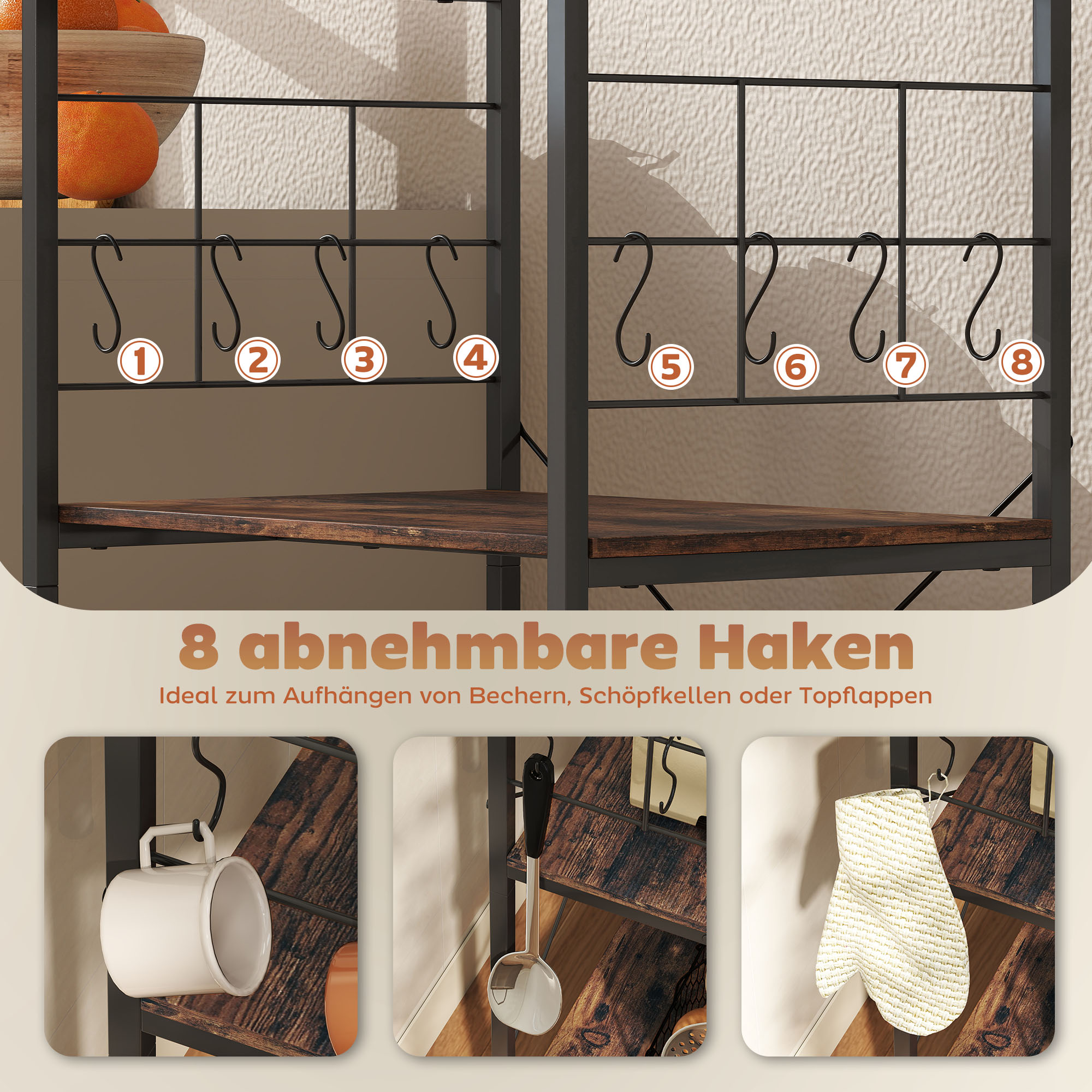 Küchenregal, 4-stufiges Design, Arbeitsplatte, 8 Haken, Metallrohre, Braun+Schwarz