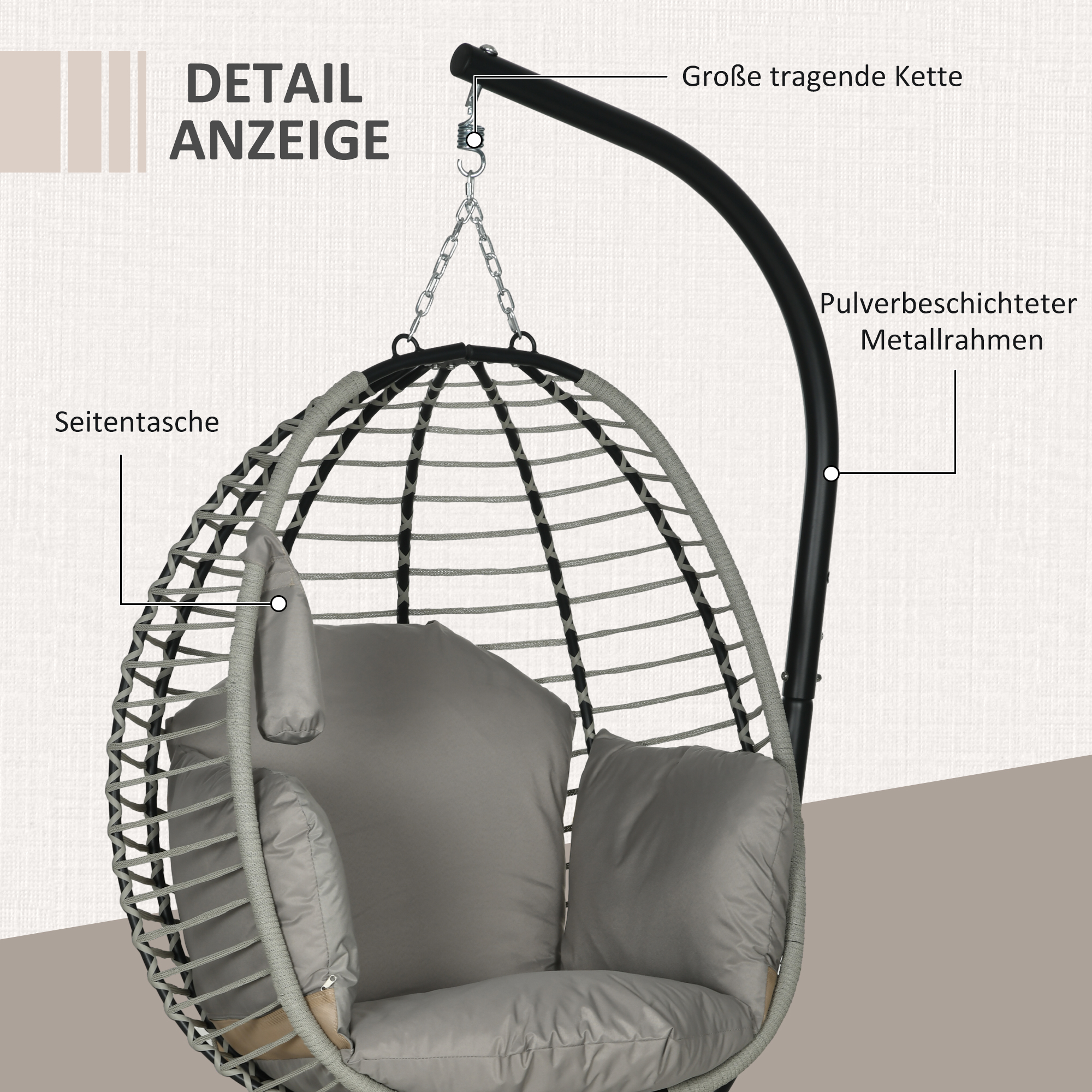 Hängesessel, Sitz- und Rückenkissen, faltbarer Sitzkorb, Becherhalter, Metallgestell, Grau