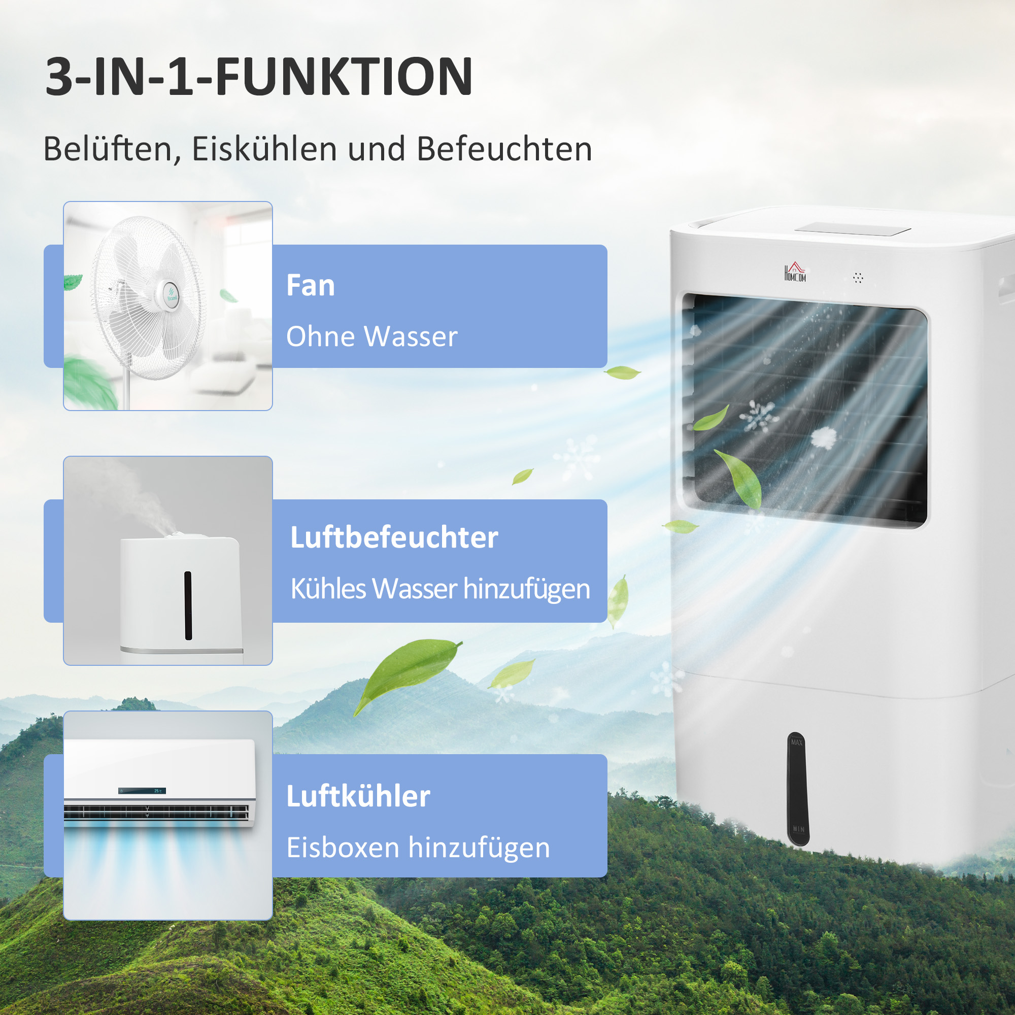 Klimaanlage, Luftkühler, 3 Modi, Timer-Funktion, rollbar, Kunststoff, Weiß
