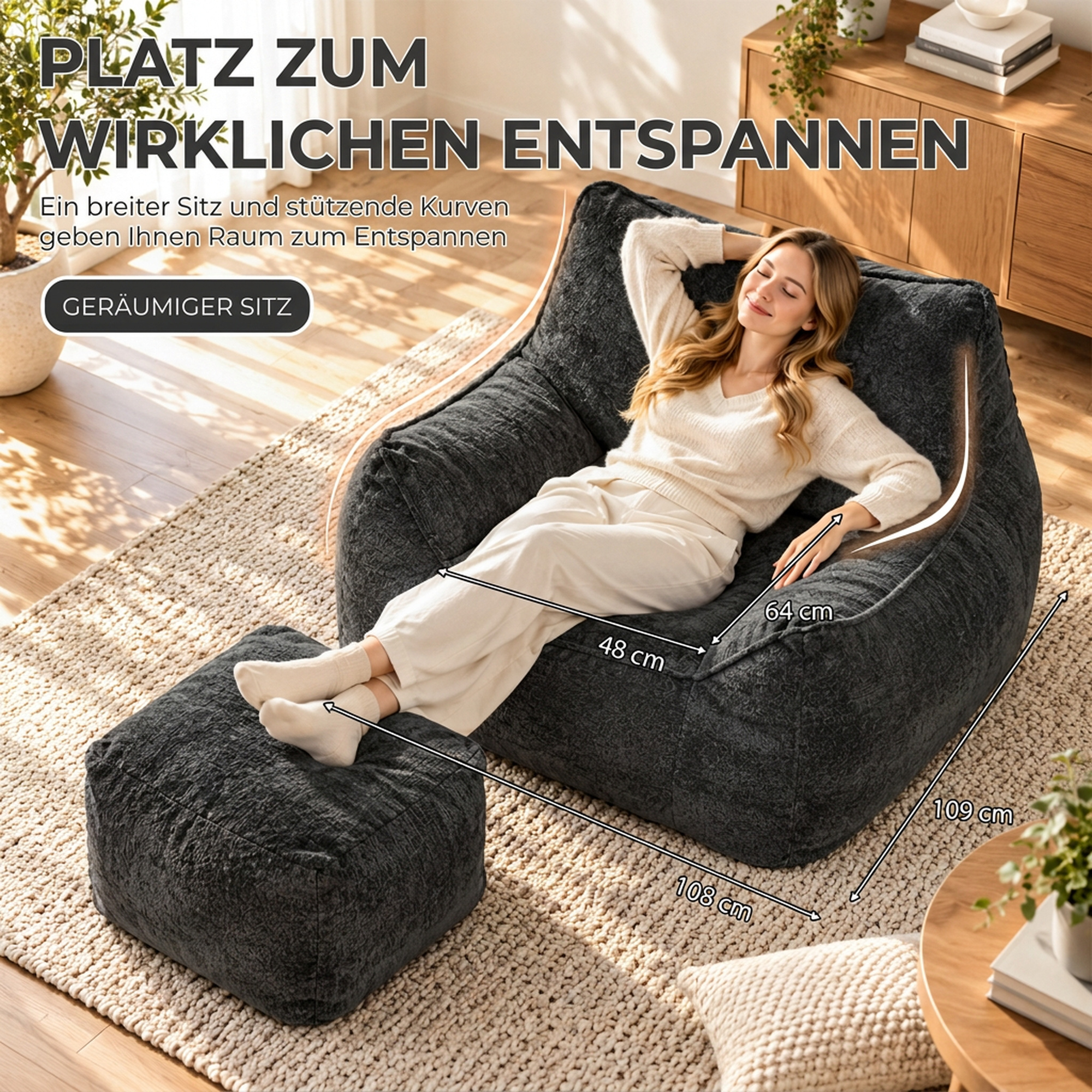 Bodensessel mit Ottoman, rahmenloser Cloud-Sessel aus Chenille, mit Rückenlehne und Armlehnen