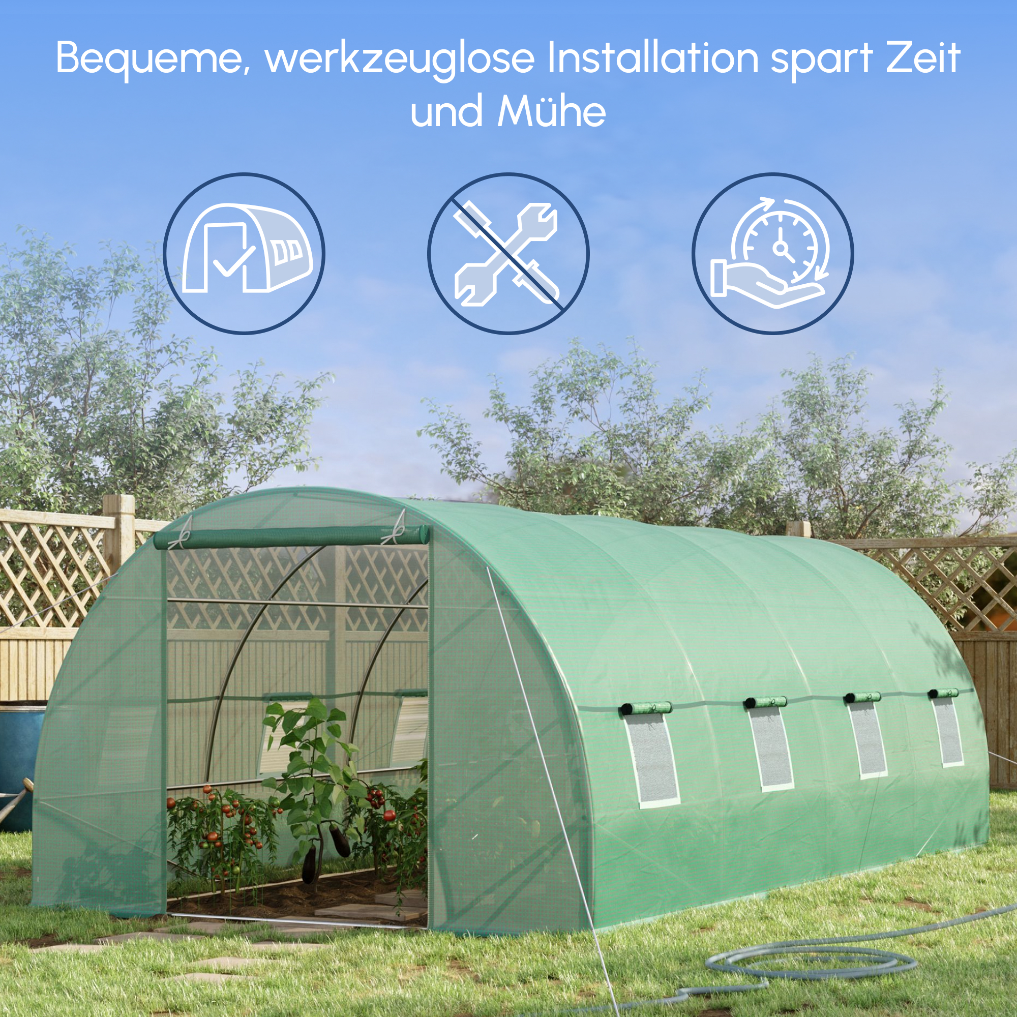 Foliengewächshaus Tomatengewächshaus Treibhaus Folientunnel Frühbeet mit Fenster Grün 595 x 300 x 200 cm