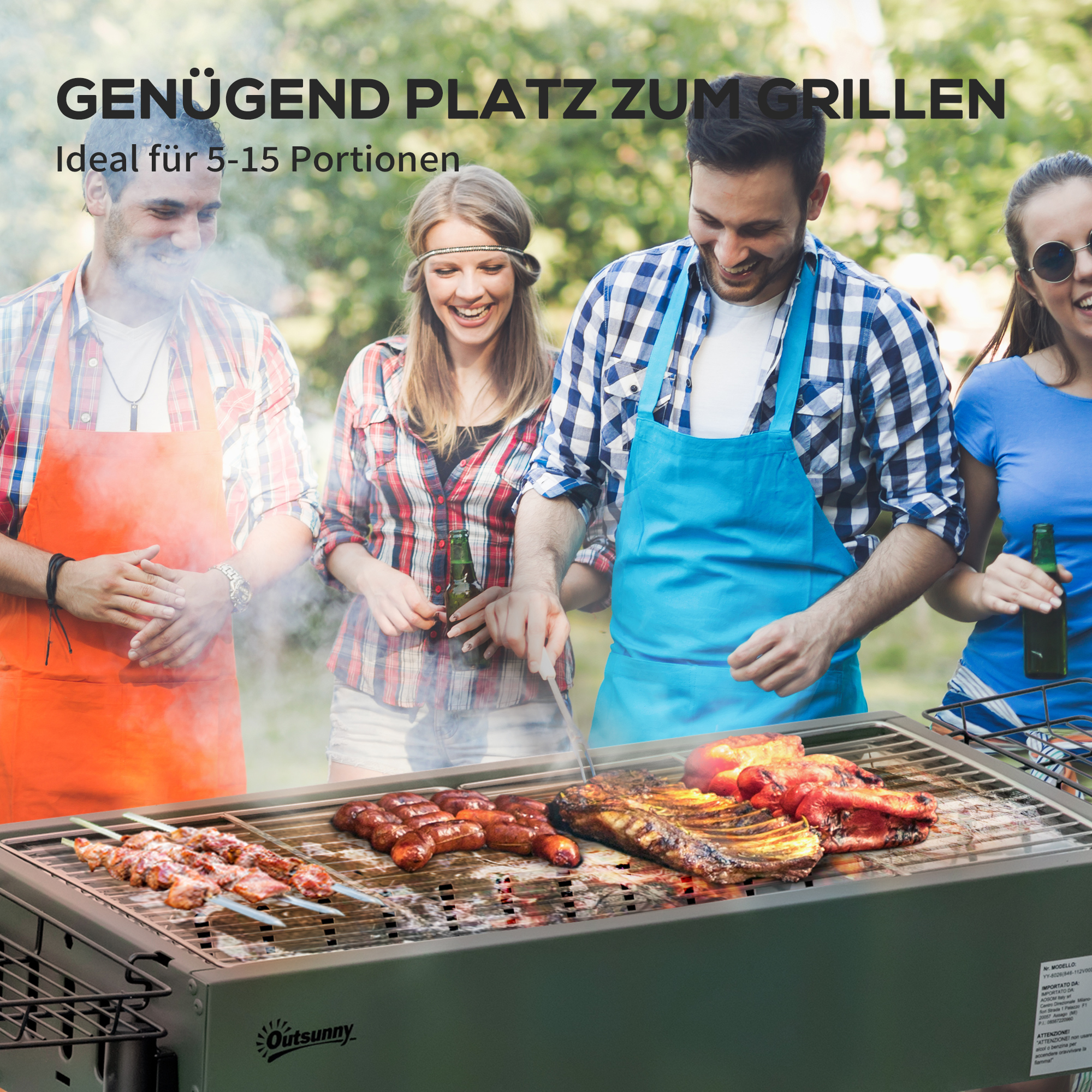 Holzkohlegrill, 2x Grillrost, 1x Kohlegitter, 2x Seitenkorb, rostfreier Stahl, dunkelgrün, 94 x 39 x 70 cm
