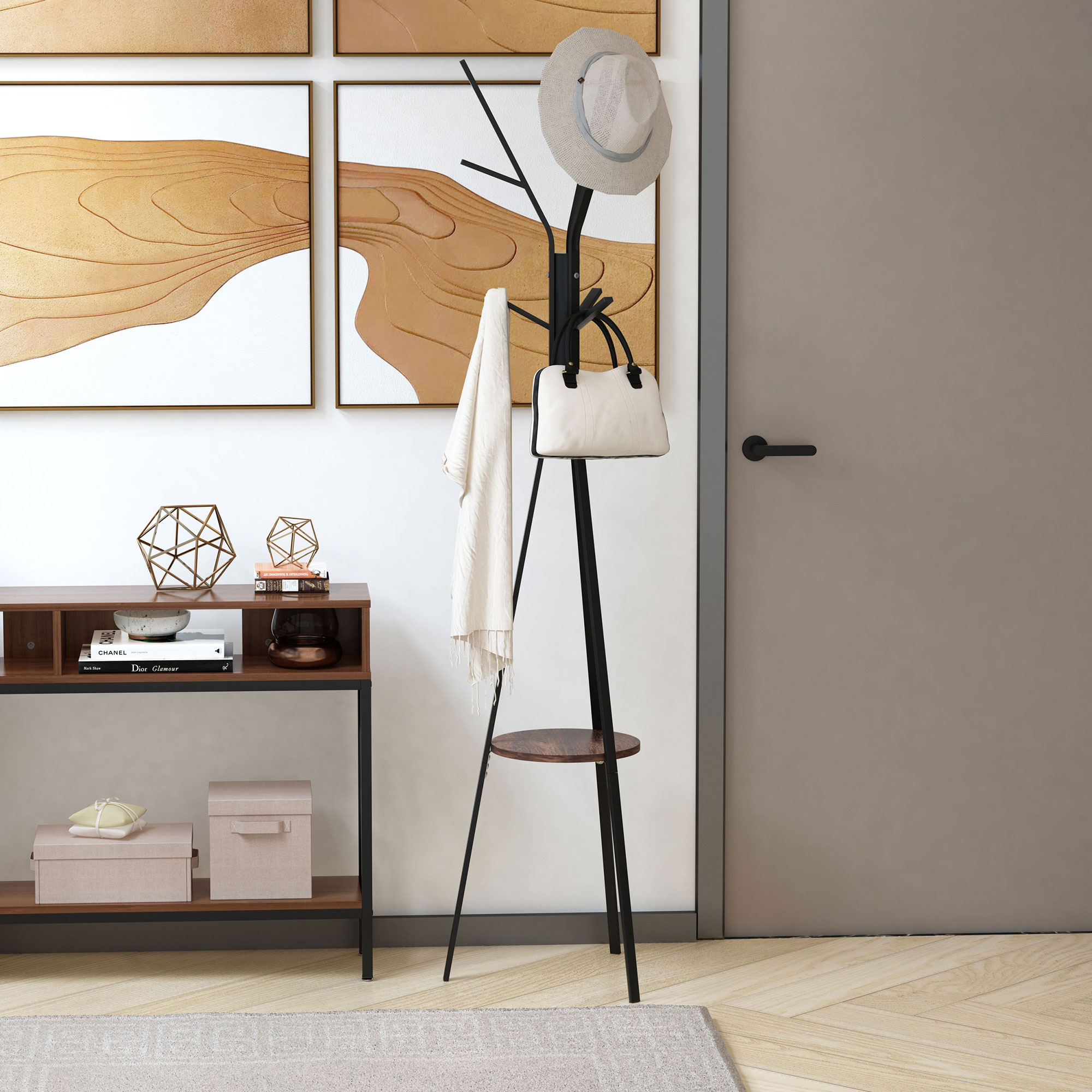 Garderobenständer im Skandidesign, Kleiderständer, 7 Kleiderhaken, Schwarz + Braun