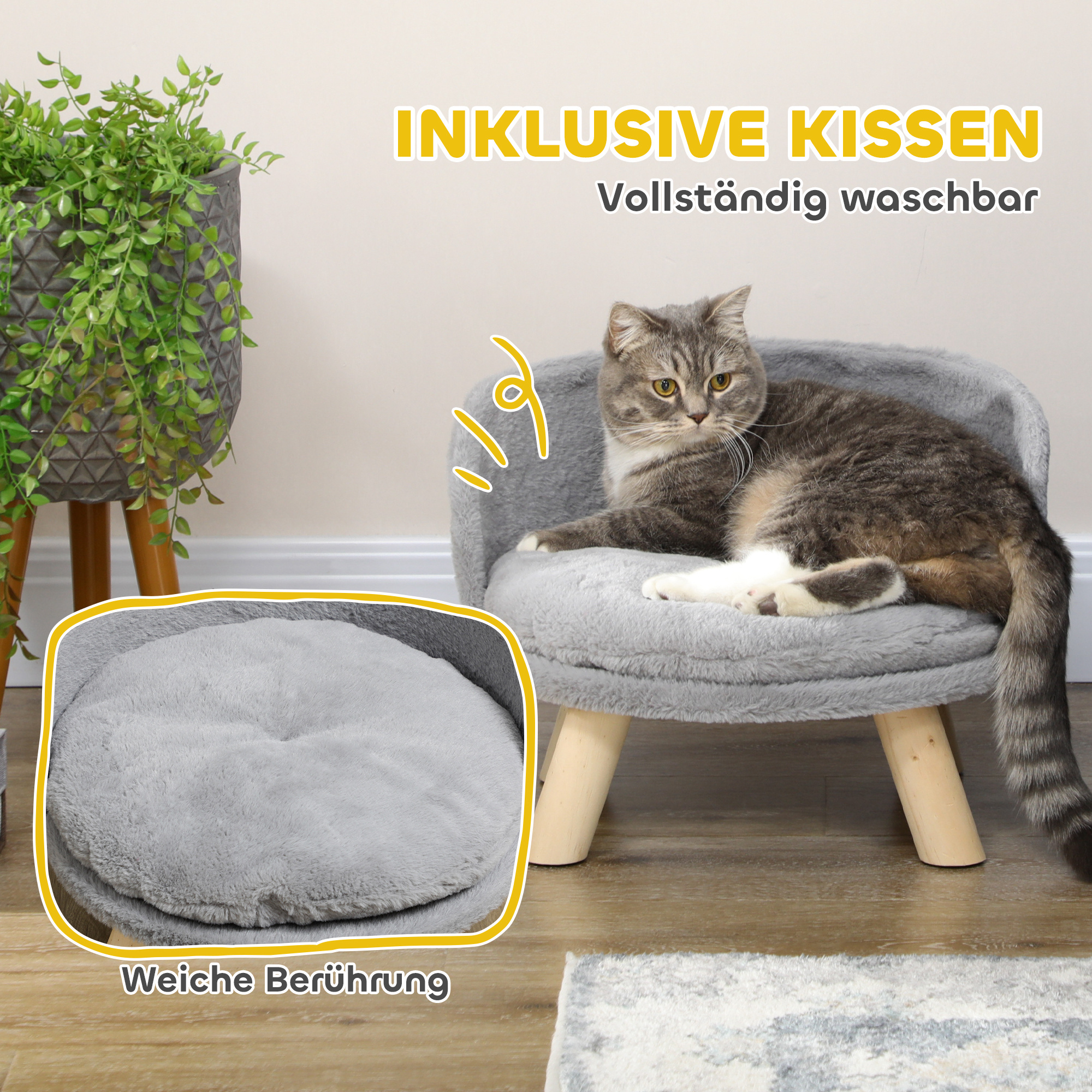 Tierbett für Hunde und Katzen, weiches & waschbares Kissen, Schutzrand, 40,5 x 40,5 x 33 cm