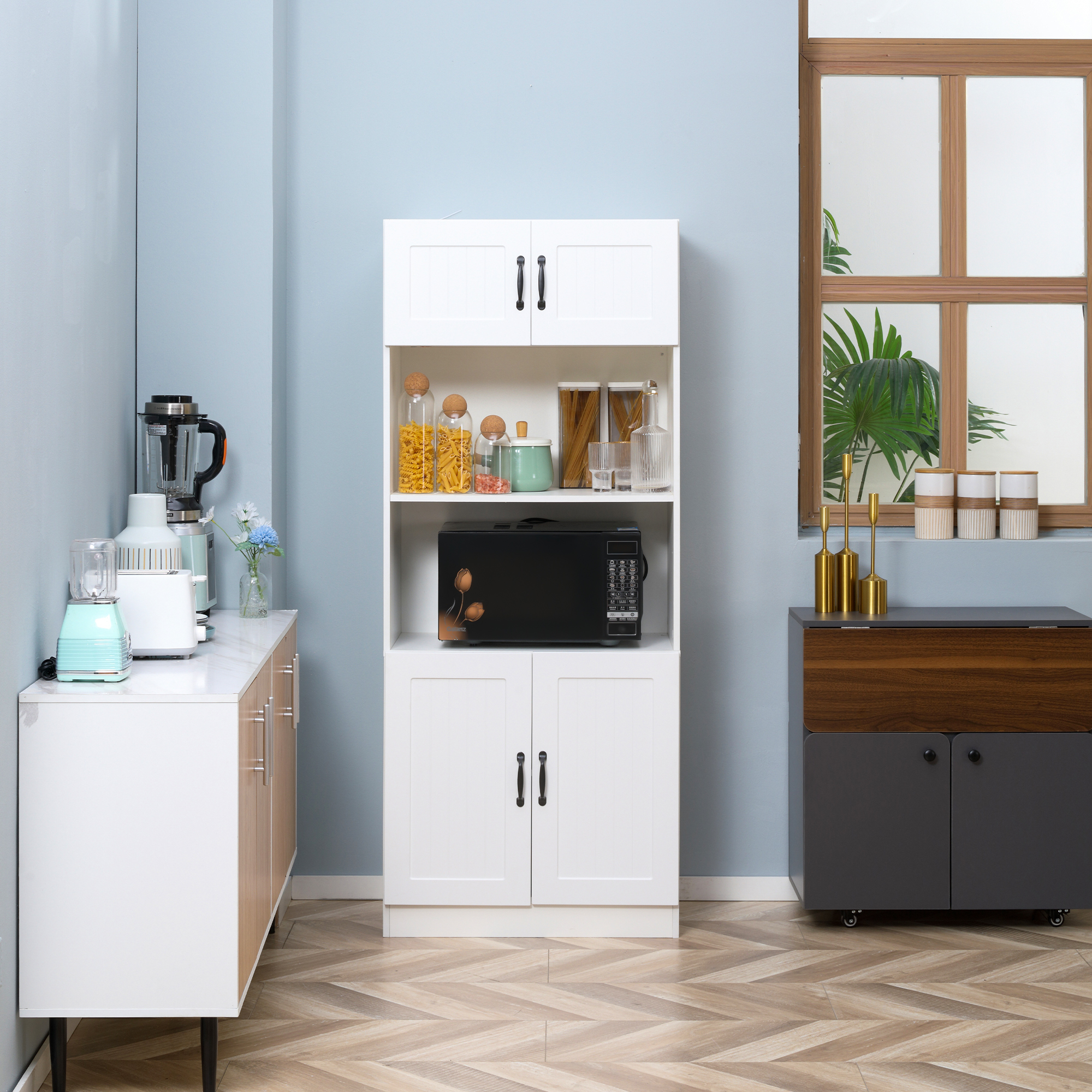 Küchenschrank Küchenbüffet Schrank, Landhausstil, 2 Schränke, 2 Regale,  70 cm x 40 cm x 170 cm Weiß + Schwarz