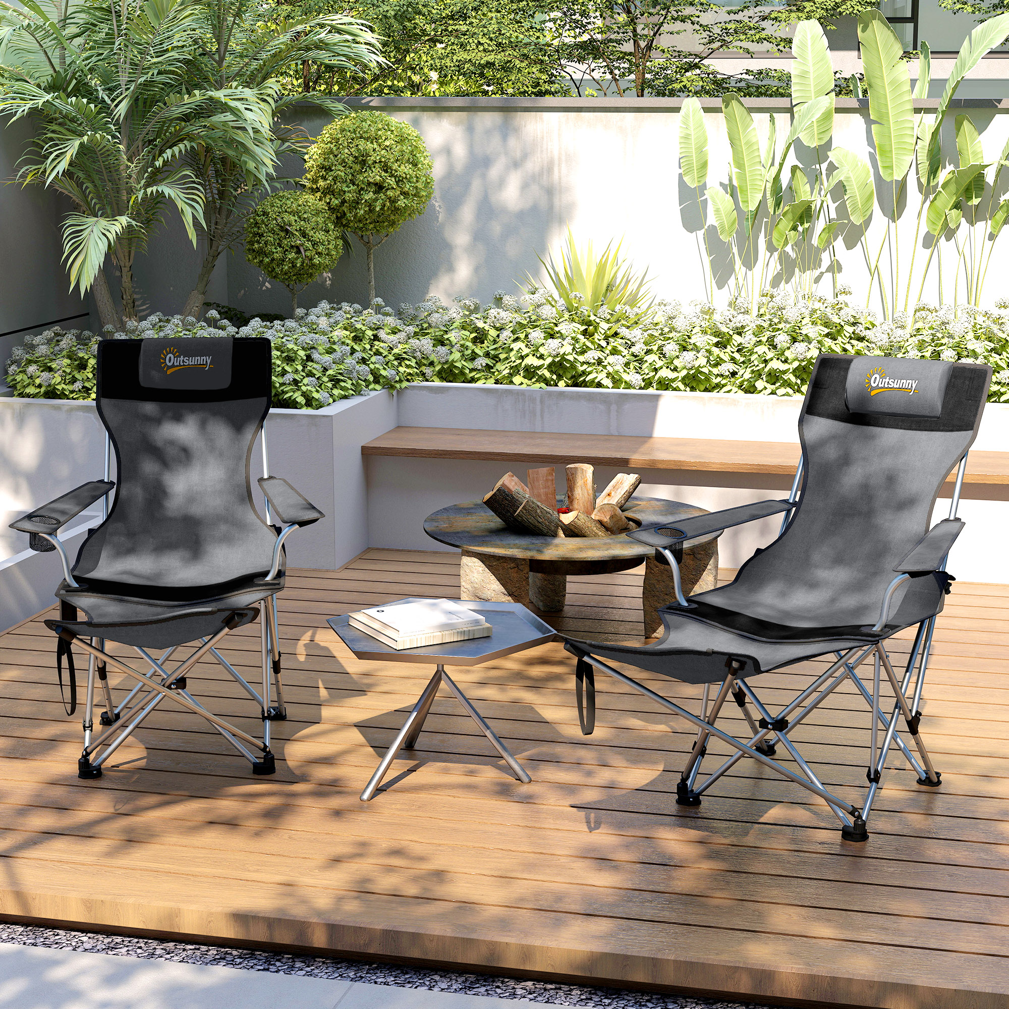 2er Set Campingstuhl faltbar Angelstuhl mit abnehmbar Fußstütze Getränkehalter belastbar 120 kg Grau