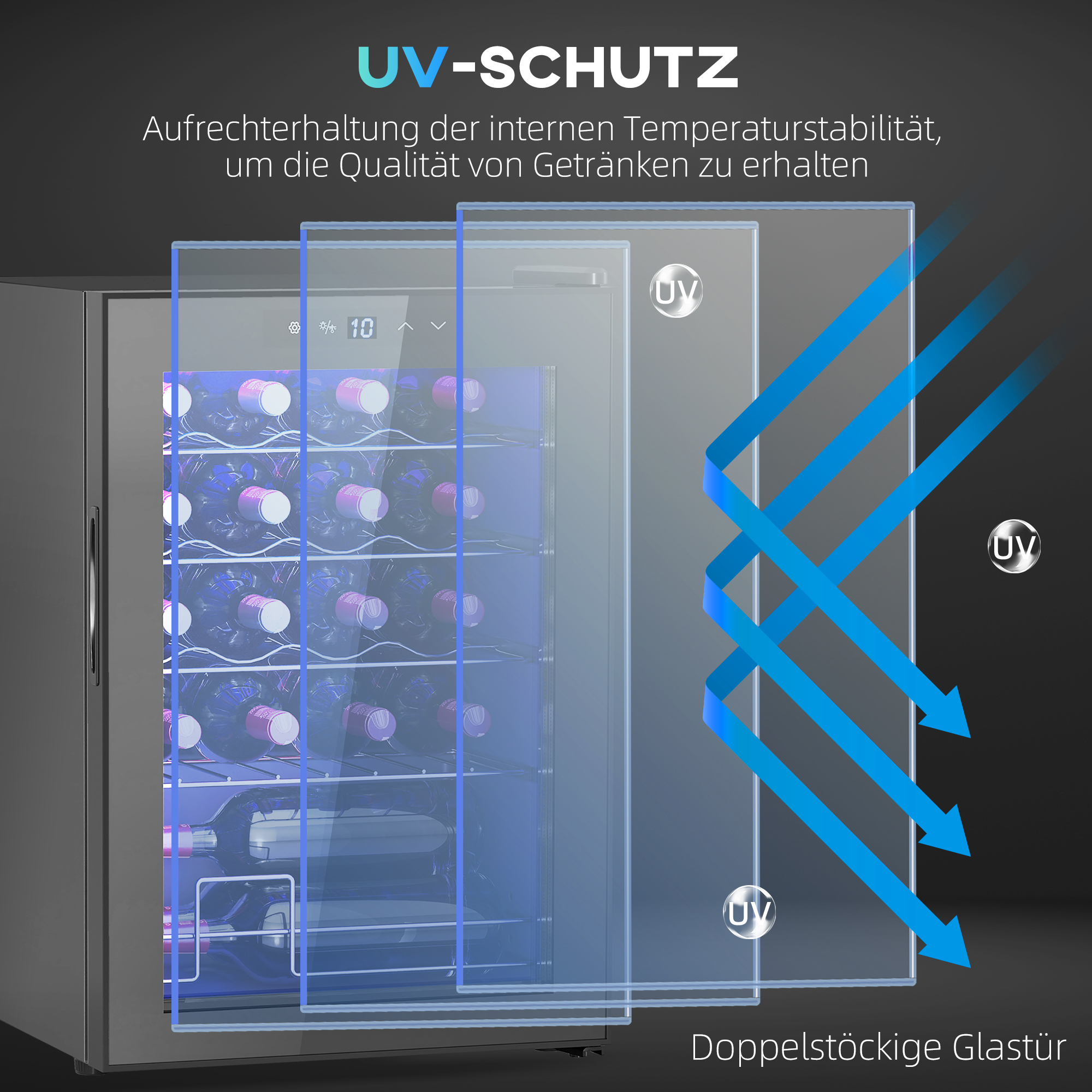 Weinkühlschrank, Mini-Kühlschrank für 20 Flaschen, 53 Liter Kapazität, mit Glastür, LED-Beleuchtung, Schwarz