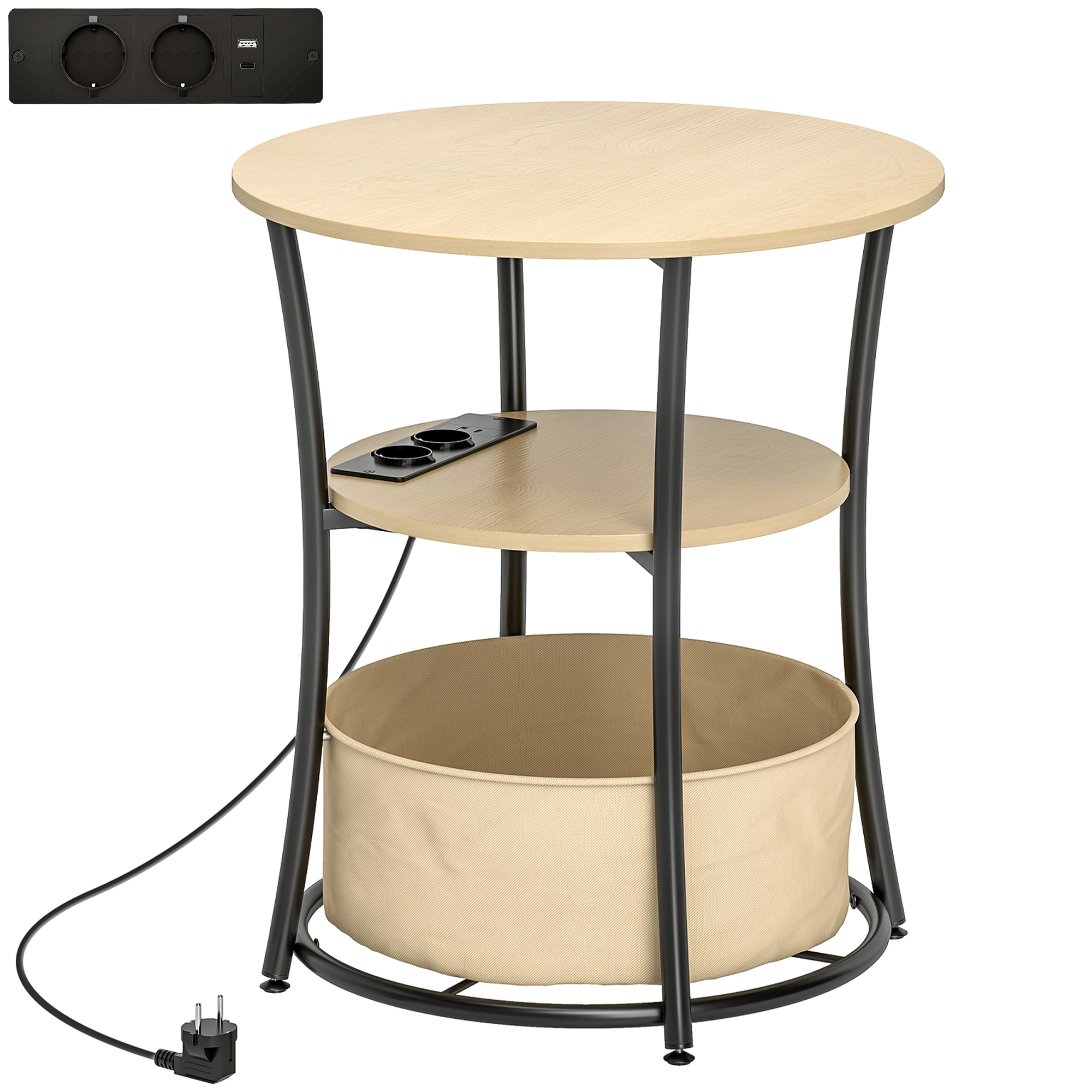 Beistelltisch 3-stufiger Couchtisch mit Ladestation, Stoff-Aufbewahrungstasche, Ablage, 50x50x55,1 cm Naturholz