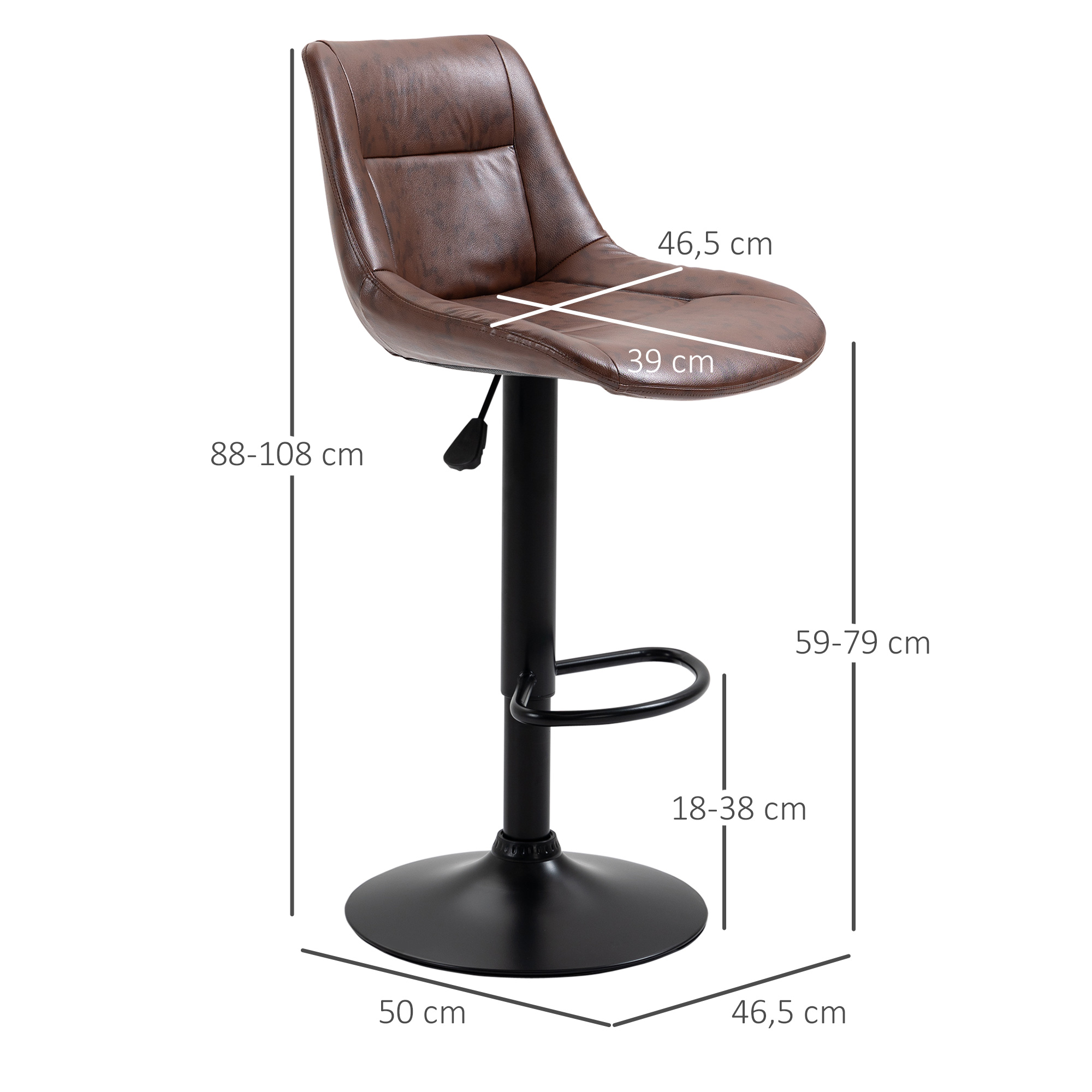 2er-Set Barhocker Barhocker Barstühle, höhenverstellbar, inkl, Fußstütze, 46,5cm x 50cm x 108cm, Schwarz + Braun
