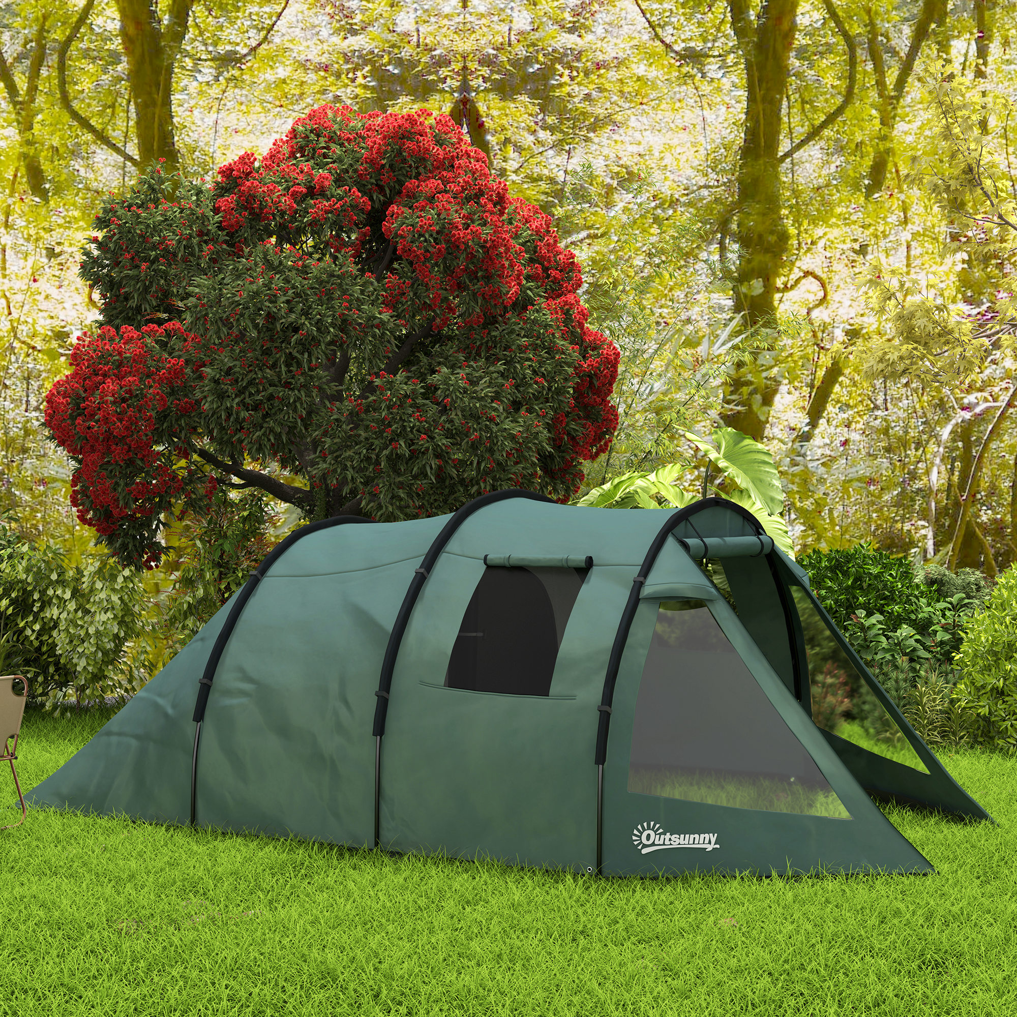 Campingzelt für 3-4 Personen, zwei Innenräume, Netzfenster, grün, 4,75 x 2,64 x 1,72 m