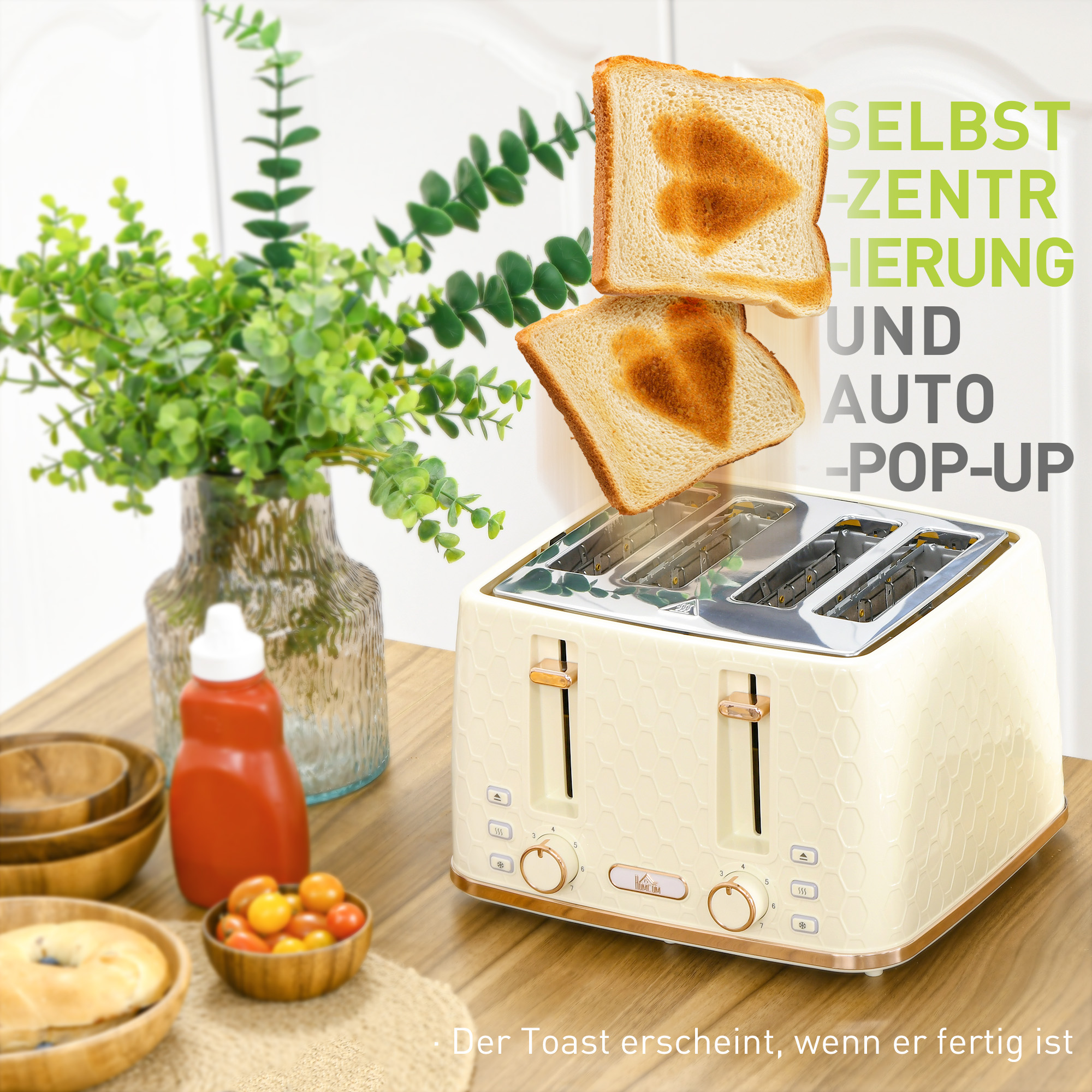2-in-1 Küchenset, Toaster und Wasserkocher, mehrere Optionen, 1,7 L, 4 Toastscheiben gleichzeitig, Kunststoff, Beige