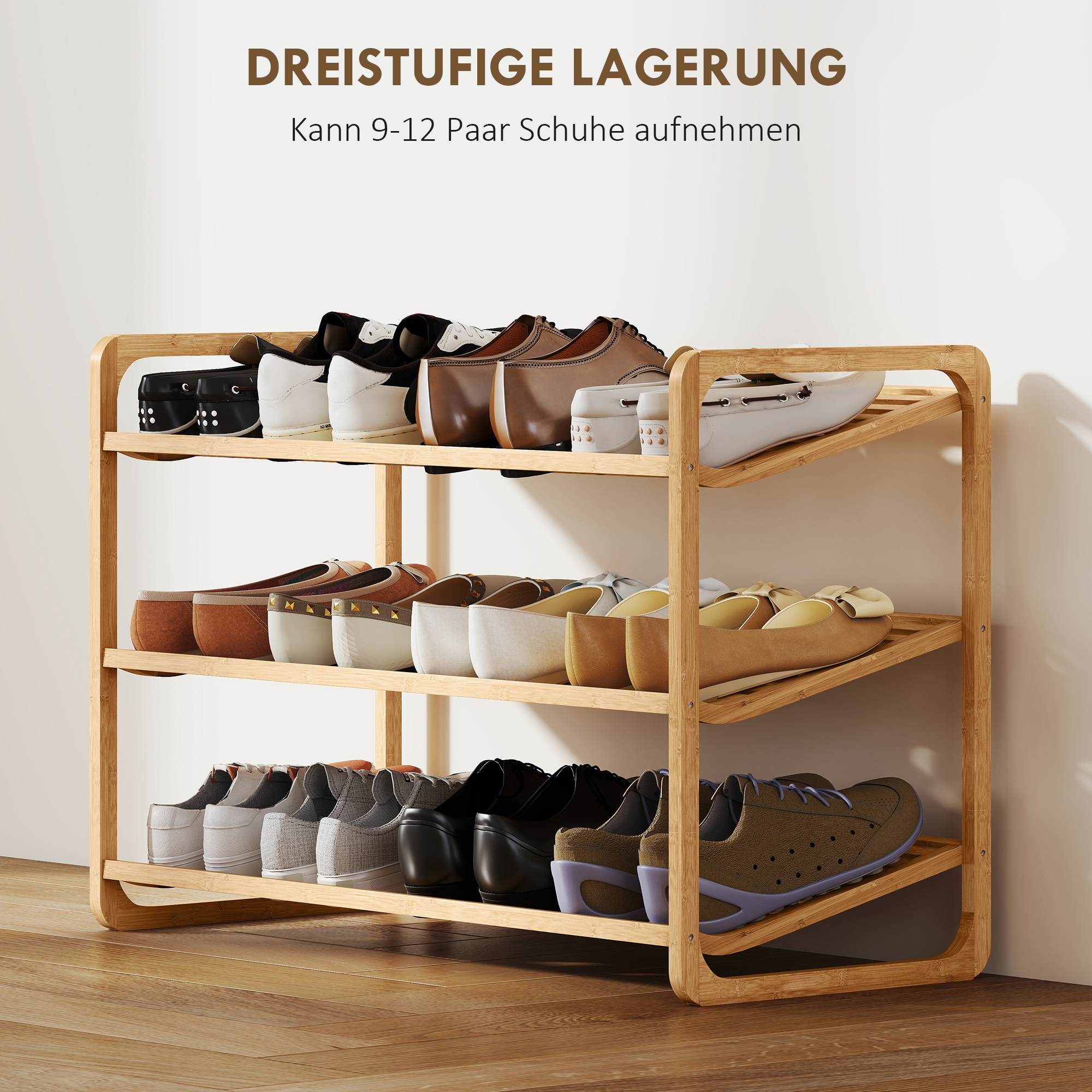 Bambusregal, Schuhregal, Flurregal, 3-stufiges Design, 30 kg Belastbarkeit, Holz