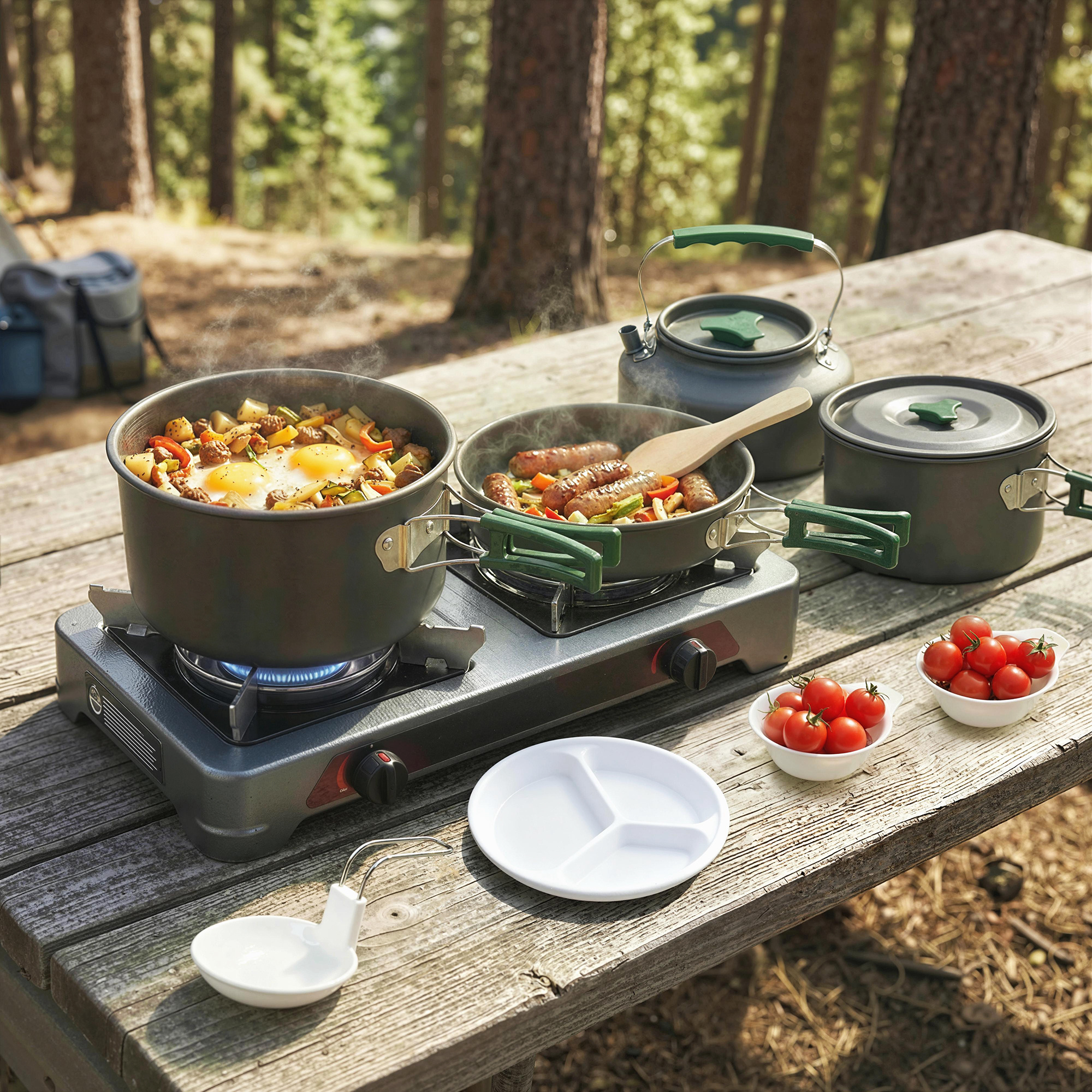 Camping Kochgeschirr Set 5-teiliges Outdoor Geschirr Set mit Anti-Verbrühungsgriffen Topf Pfanne für 4-5 Personen Grau