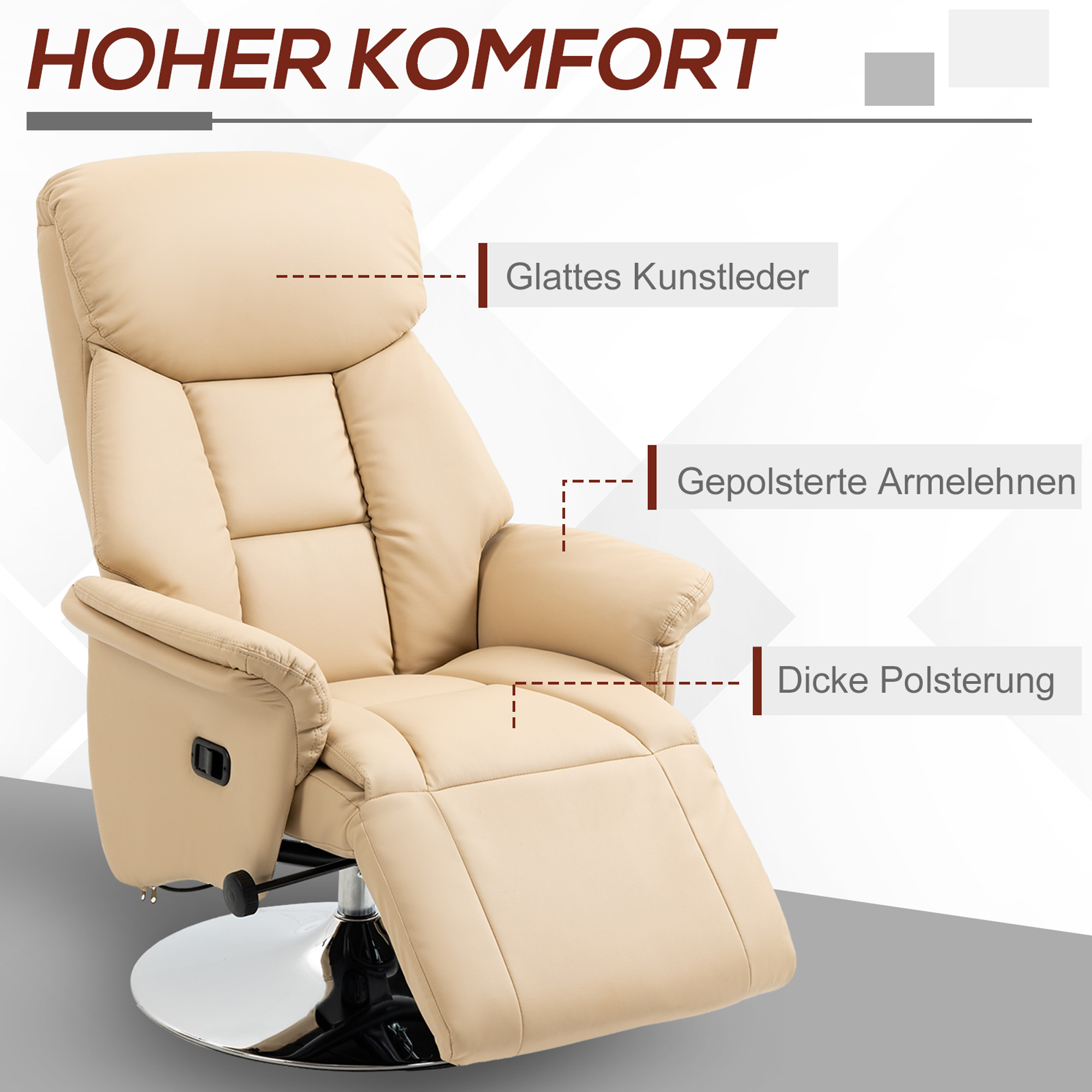 Relaxsessel, Liegefunktion, Lederoptik, Fußstütze, bis 150 kg, 78 x 80 x 109 cm, Beige