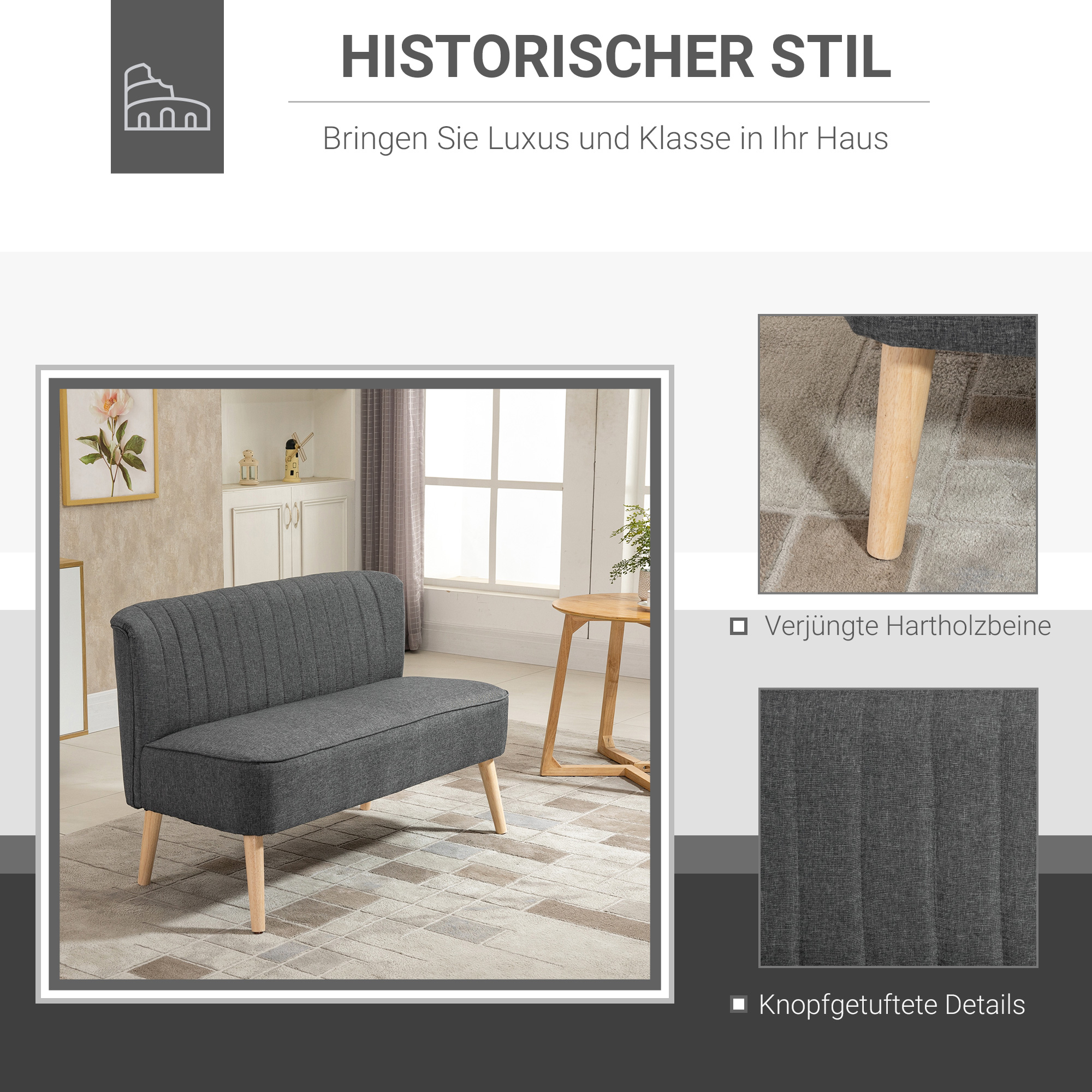 2-Sitzer Sofa, weiche Polsterung, pflegeleichter Bezug, bis 150 kg, 117 x 56,5 x 77 cm, Hellgrau