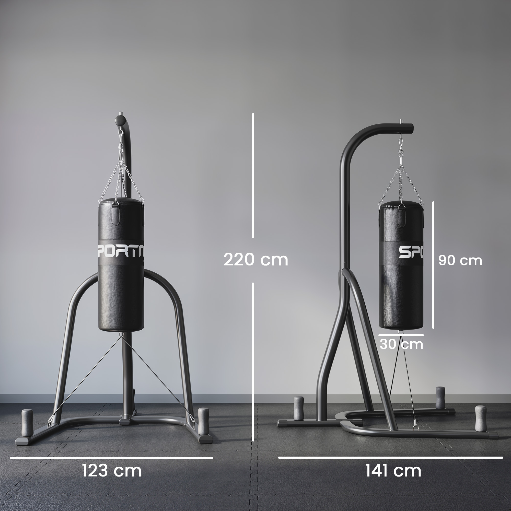 Boxsackständer Freistehender Boxsackhalter mit Boxsack Bungee-Seil 360° Kette U-basis Hantelscheibenhalterung Stahl