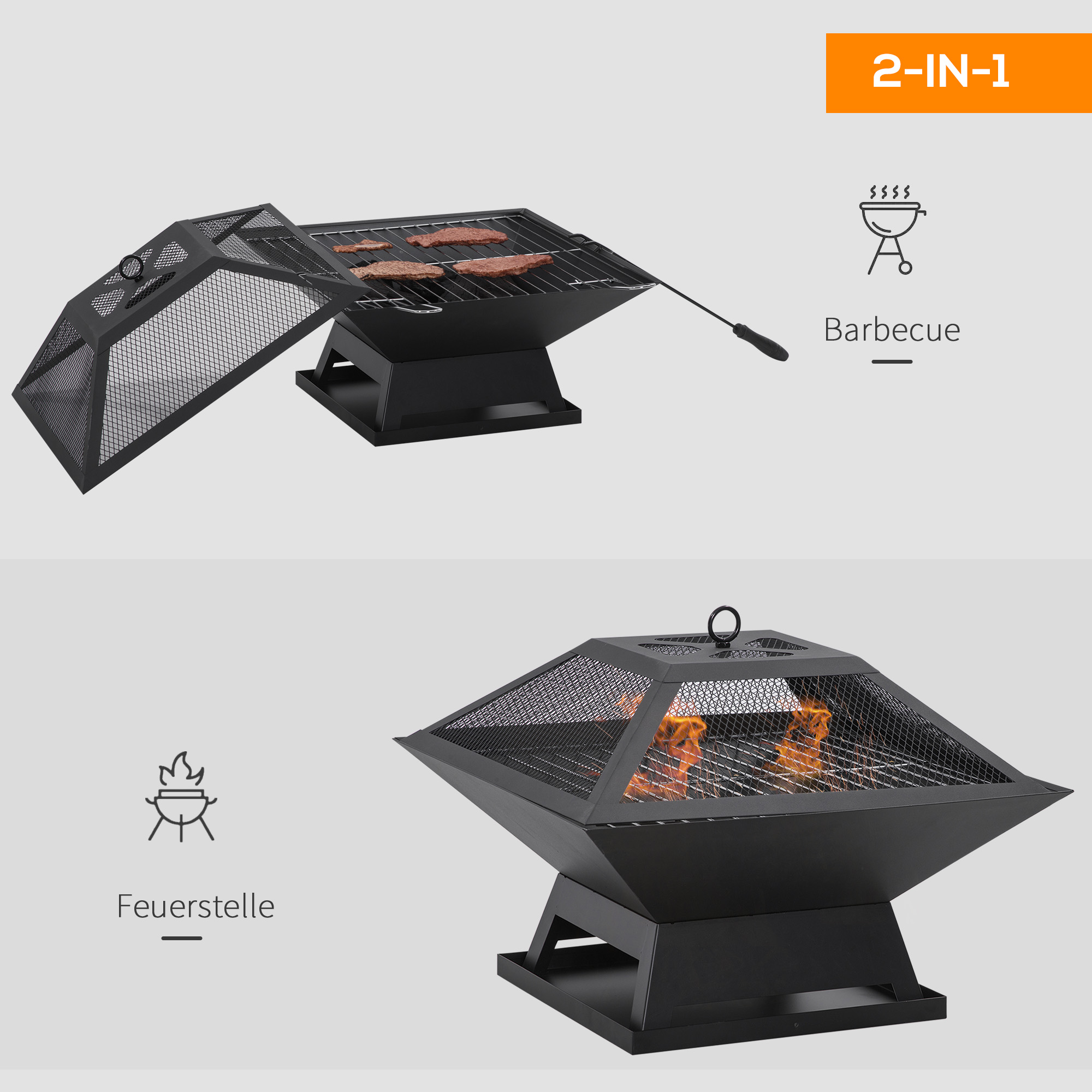 Feuerschale 45 x 45 x 34cm aus Edelstahl Feuerstelle mit Funkenschutz Schürhaken Feuerschalen Feuerkorb für Garten, Balkon, BBQ Camping Schwarz