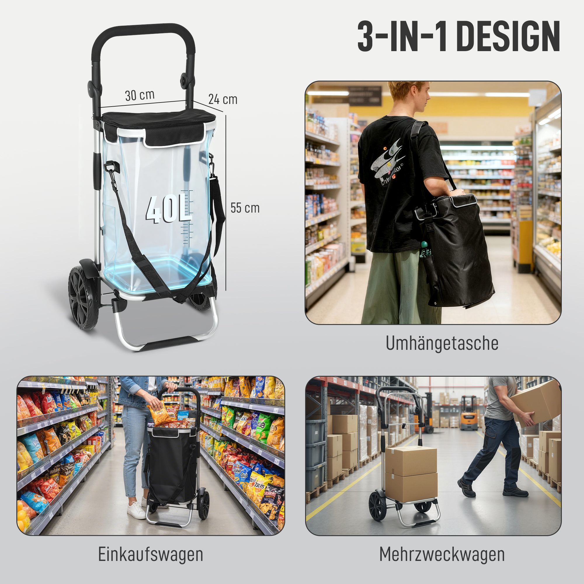 3-in-1 Einkaufstrolley klappbar mit 40L Kapazität belastbar Trolley bis 25kg mit Kühlfach Schwarz