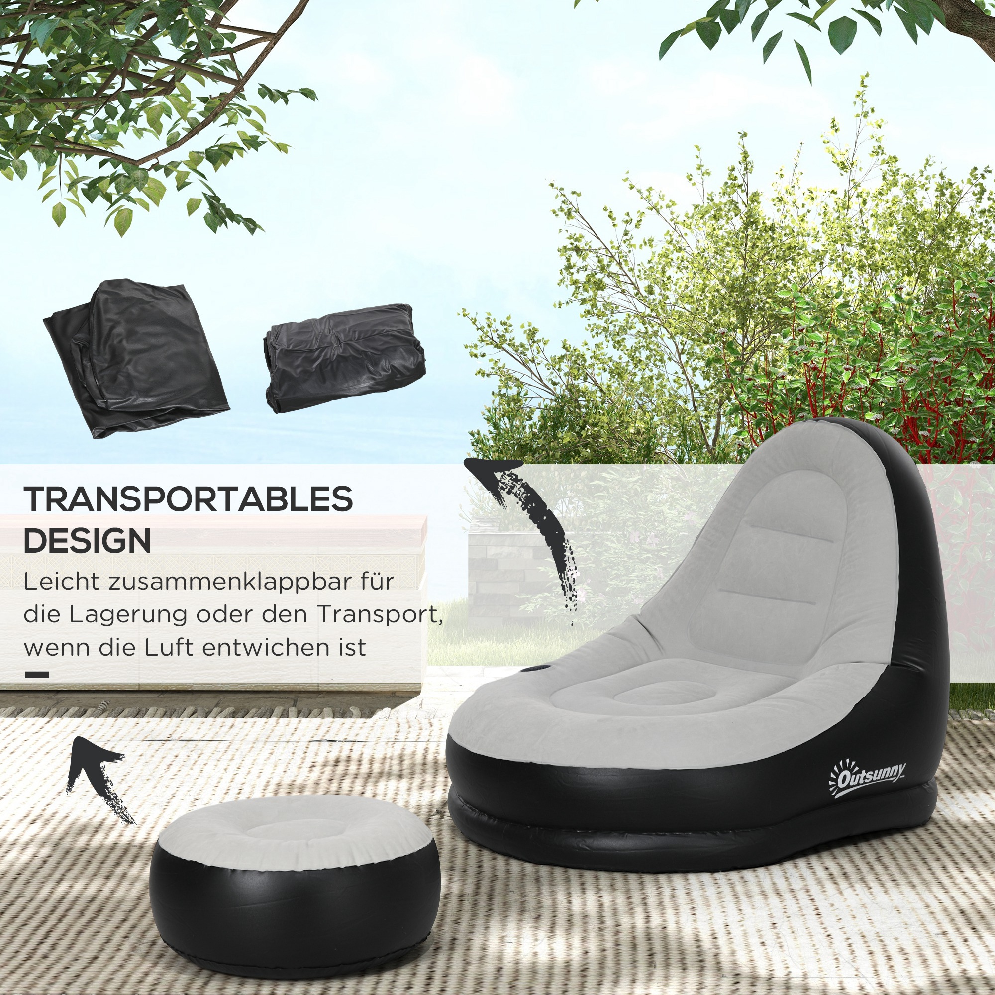 aufblasbarer Sessel, Luftsessel, Outdoor-Sessel, 125 x 100 x 87cm, Grau + Schwarz