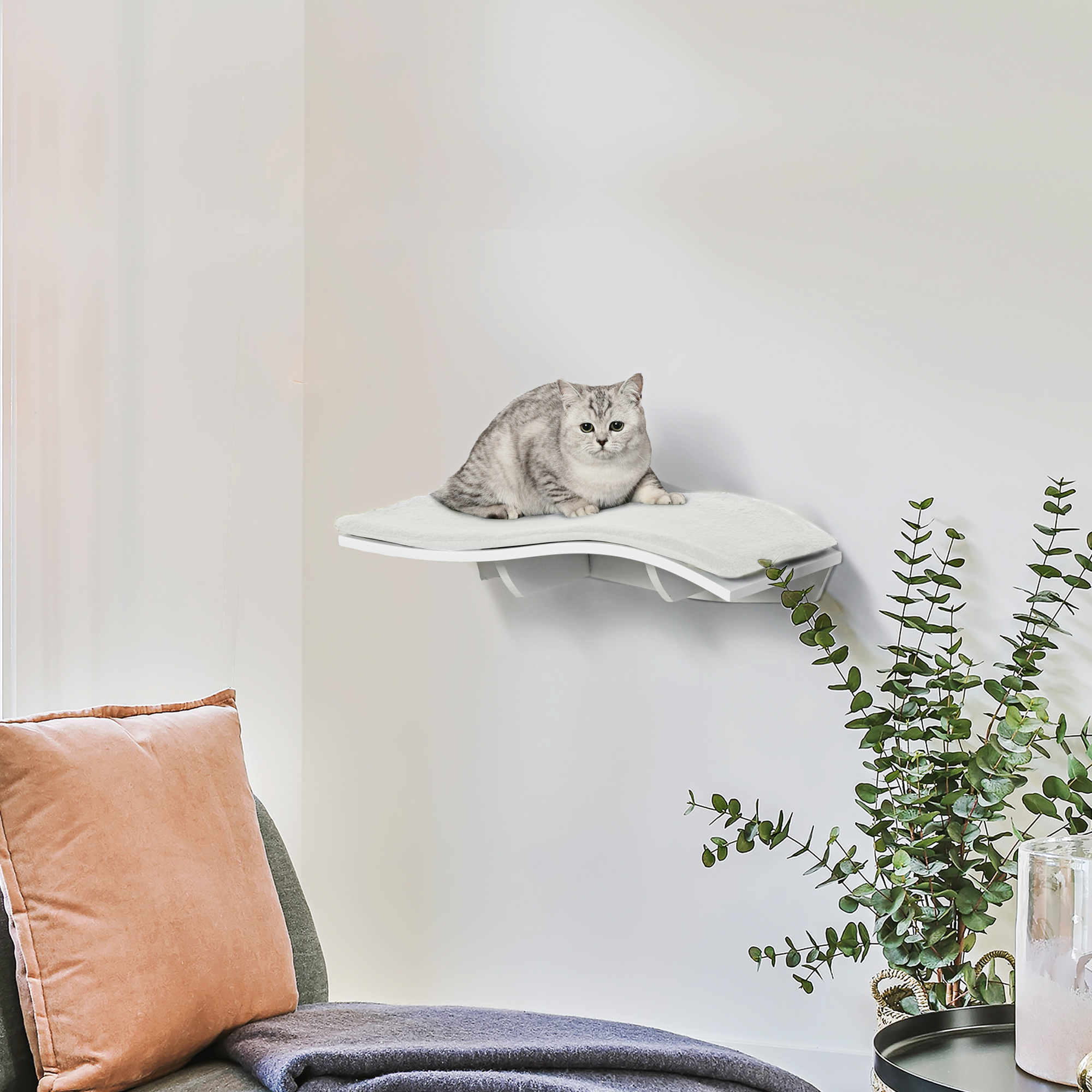 Katzen Kletterwand Katzenhängematte Katzenbett Wand Katzenregal Wandmontage Katzenmöbel Plüsch MDF Weiß 53 x 28 x 12 cm