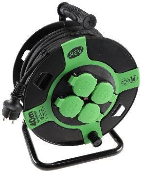 Kunststoff-Kabeltrommel, 40m Kabel, IP44 / H05RR-F 3G1,5mm², schwarze Gummileitung