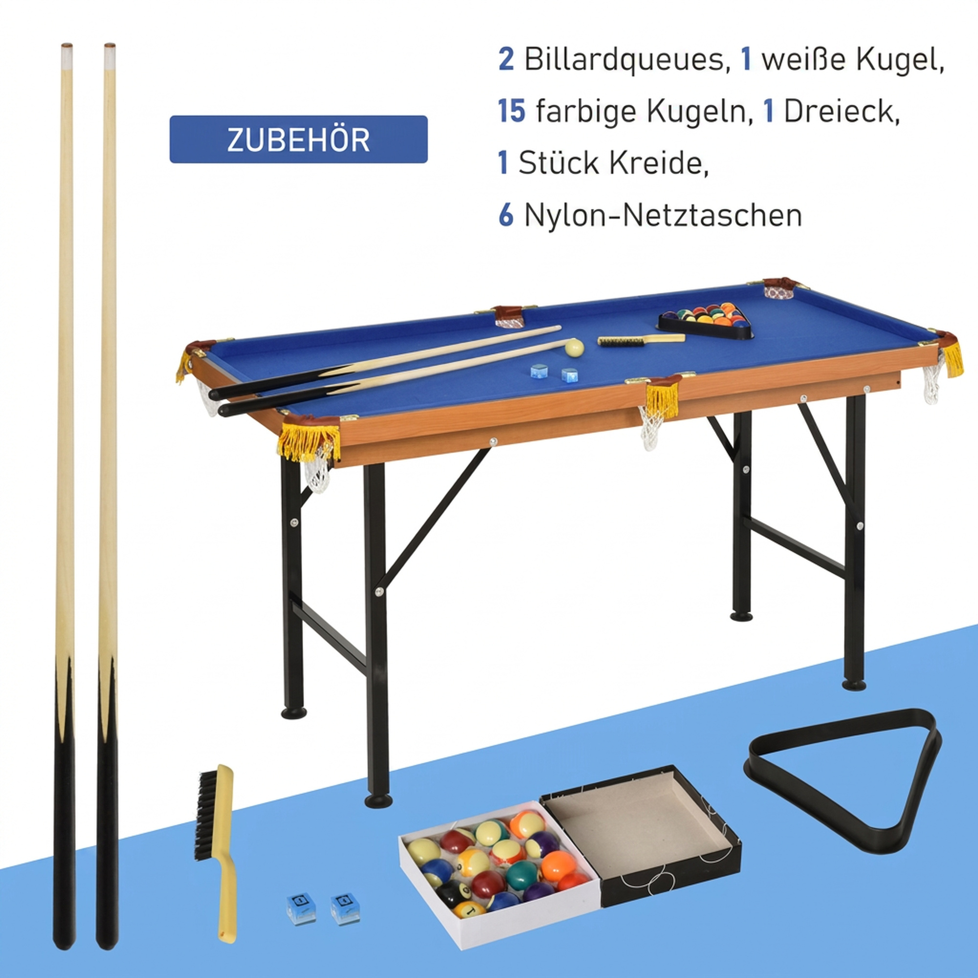 Billardtisch Klappbar Mini Billiard Tisch mit 2 Queues 16 Bällen Kreide Dreieck, Zubehör 140 x 63 x 75 cm