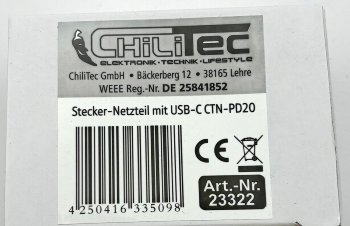 Stecker-Netzteil mit USB-C "CTN-PD20" / In 100-240V~, Out 5,0V/9,0V/12,0V=, 20W