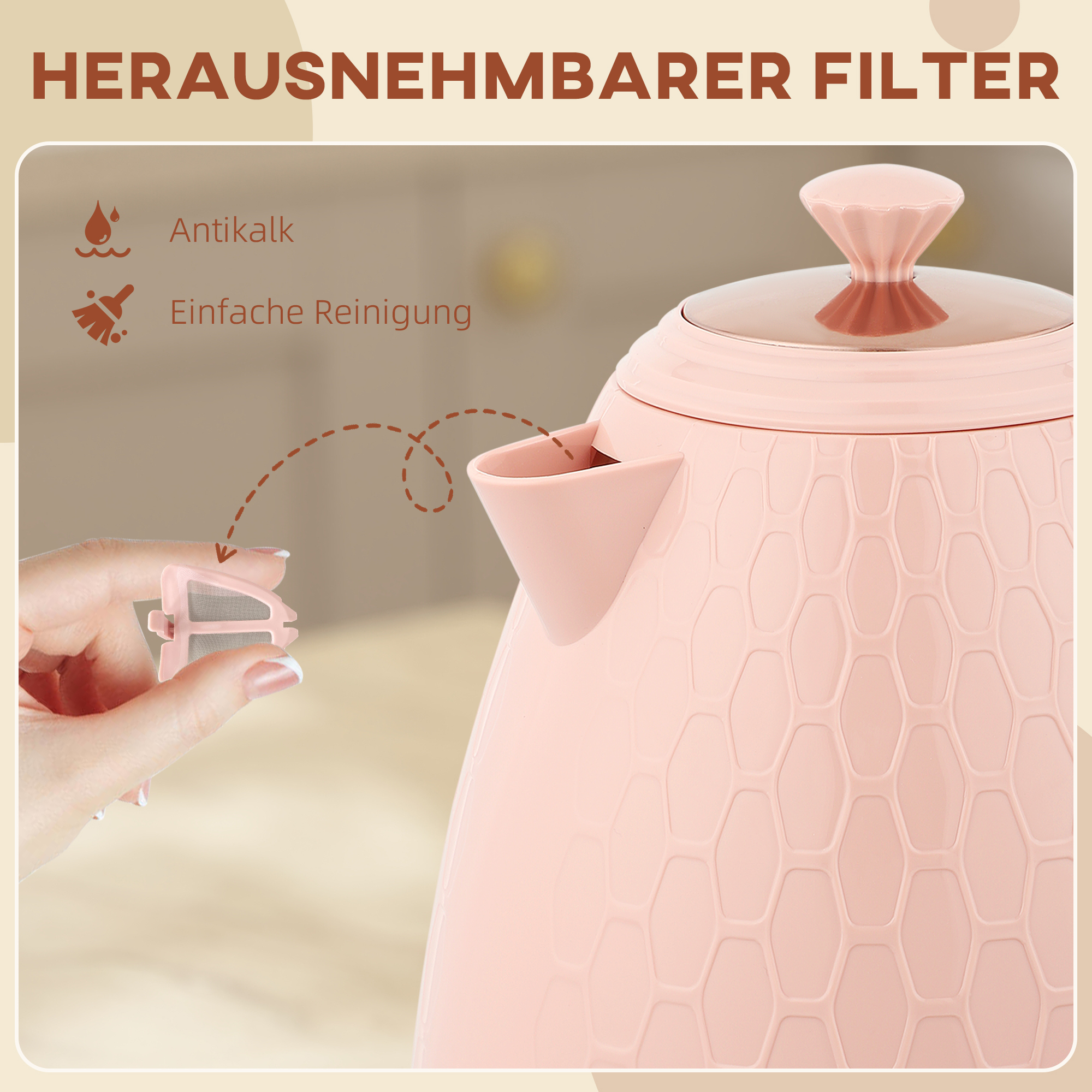 Wasserkocher, 2200W, Sichtfenster, Filter, Schnellkocher, Hellrosa