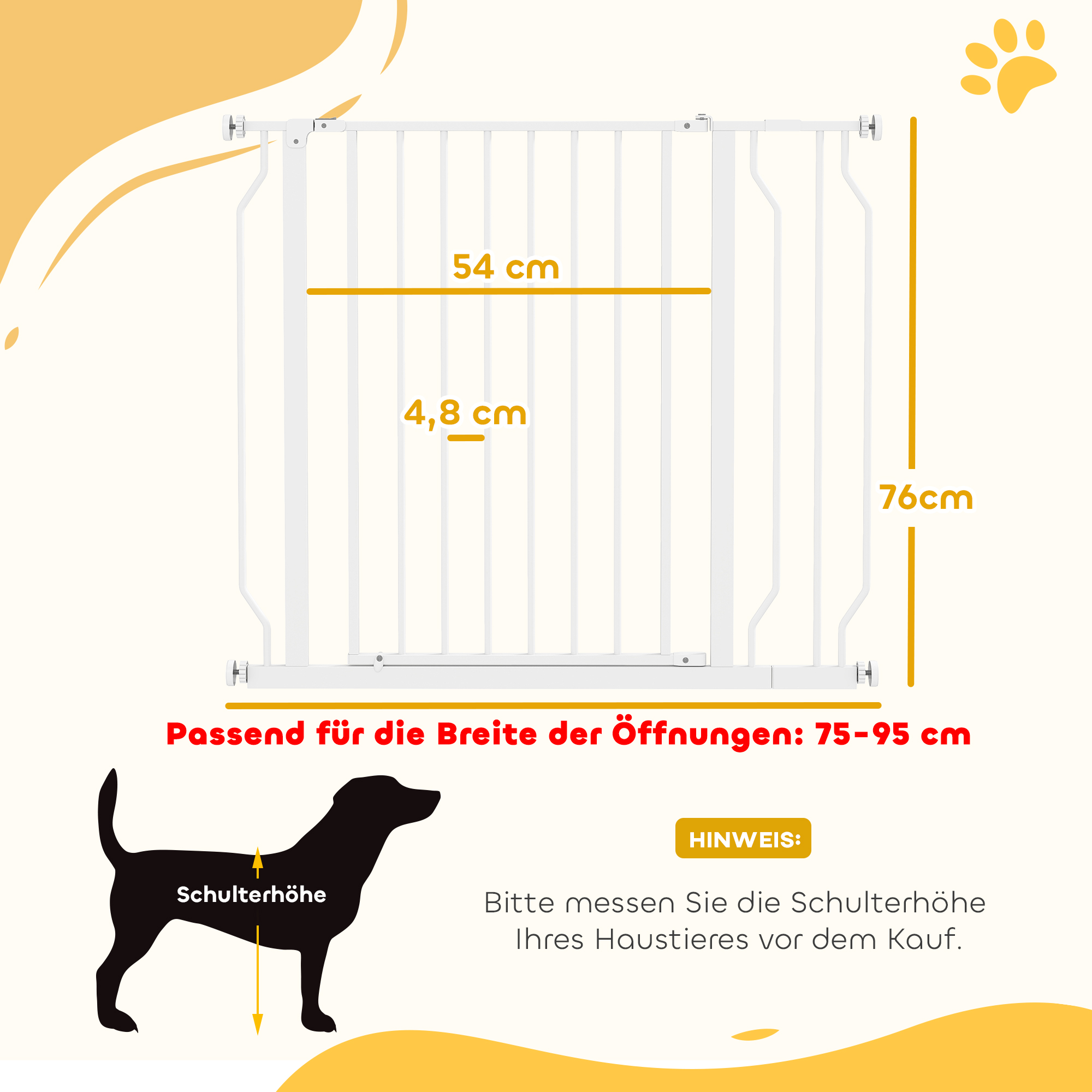Hundeschutzgitter, Absperrgitter, Zwei-Wege-Öffnung, Wandhalterung mit Druckknöpfen, verstellbar von 75 cm bis 95 cm, Weiß